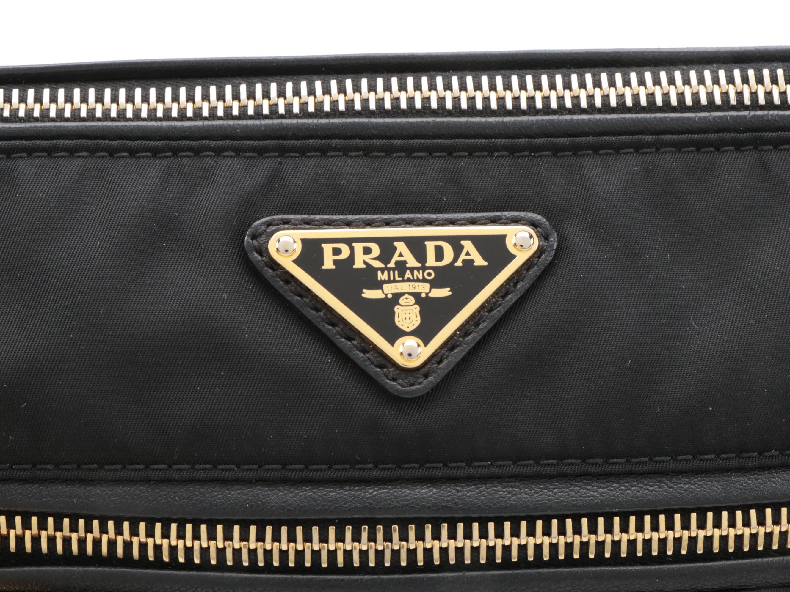 Prada Front Zip Shoulder Bag in Black Tessuto Nylon and Leather