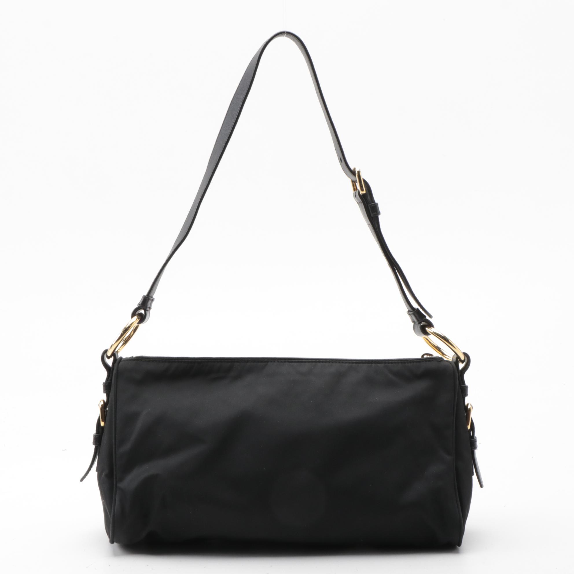 Prada Front Zip Shoulder Bag in Black Tessuto Nylon and Leather