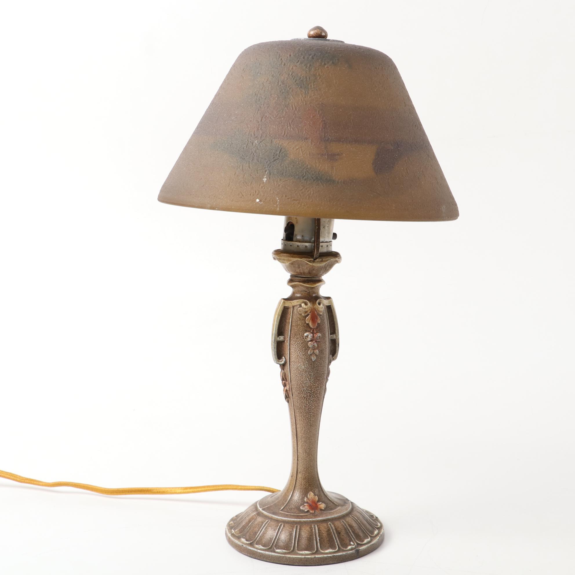 Art Nouveau Cast Metal Table Lamps with Reverse Painted Shades, Early/Mid 20th C