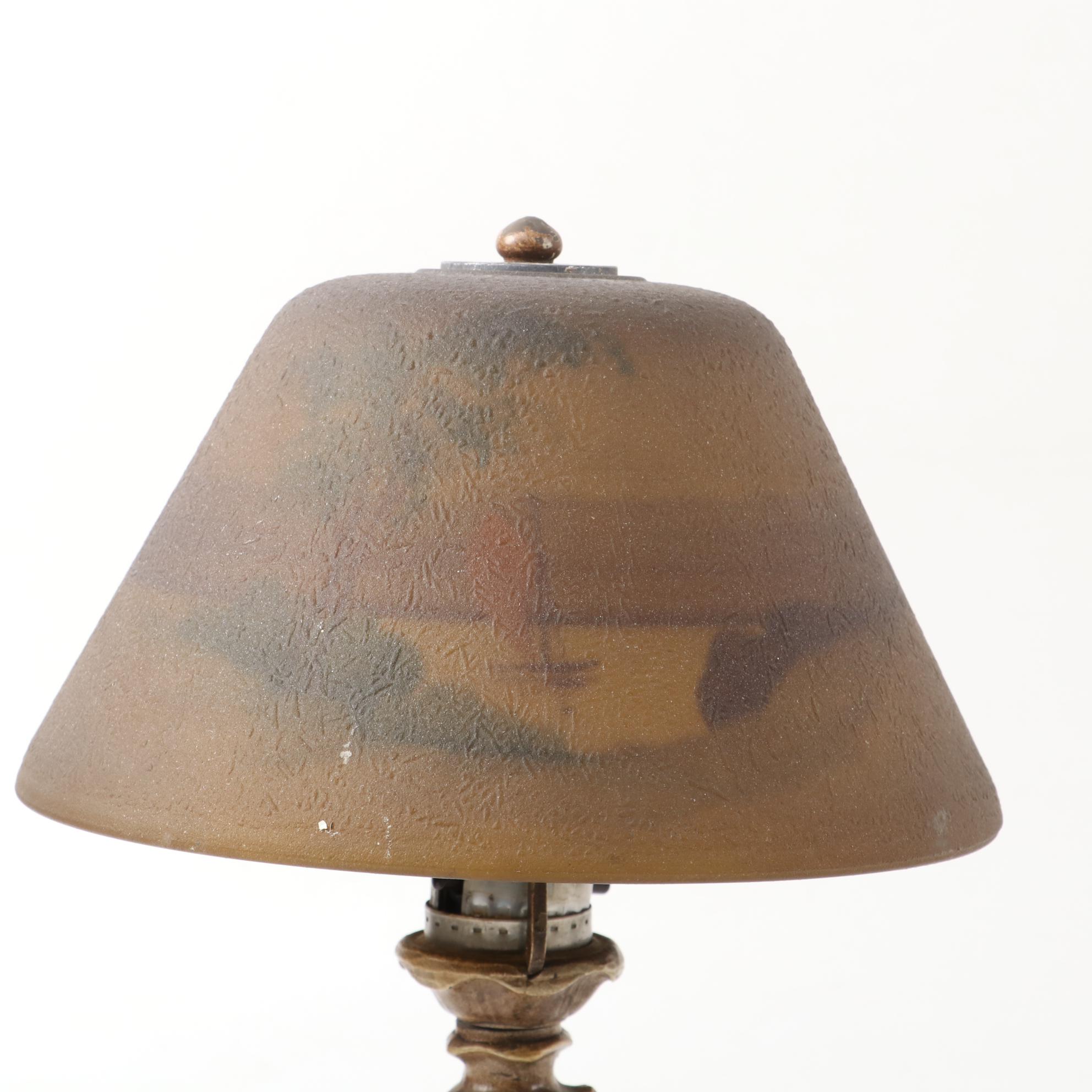 Art Nouveau Cast Metal Table Lamps with Reverse Painted Shades, Early/Mid 20th C