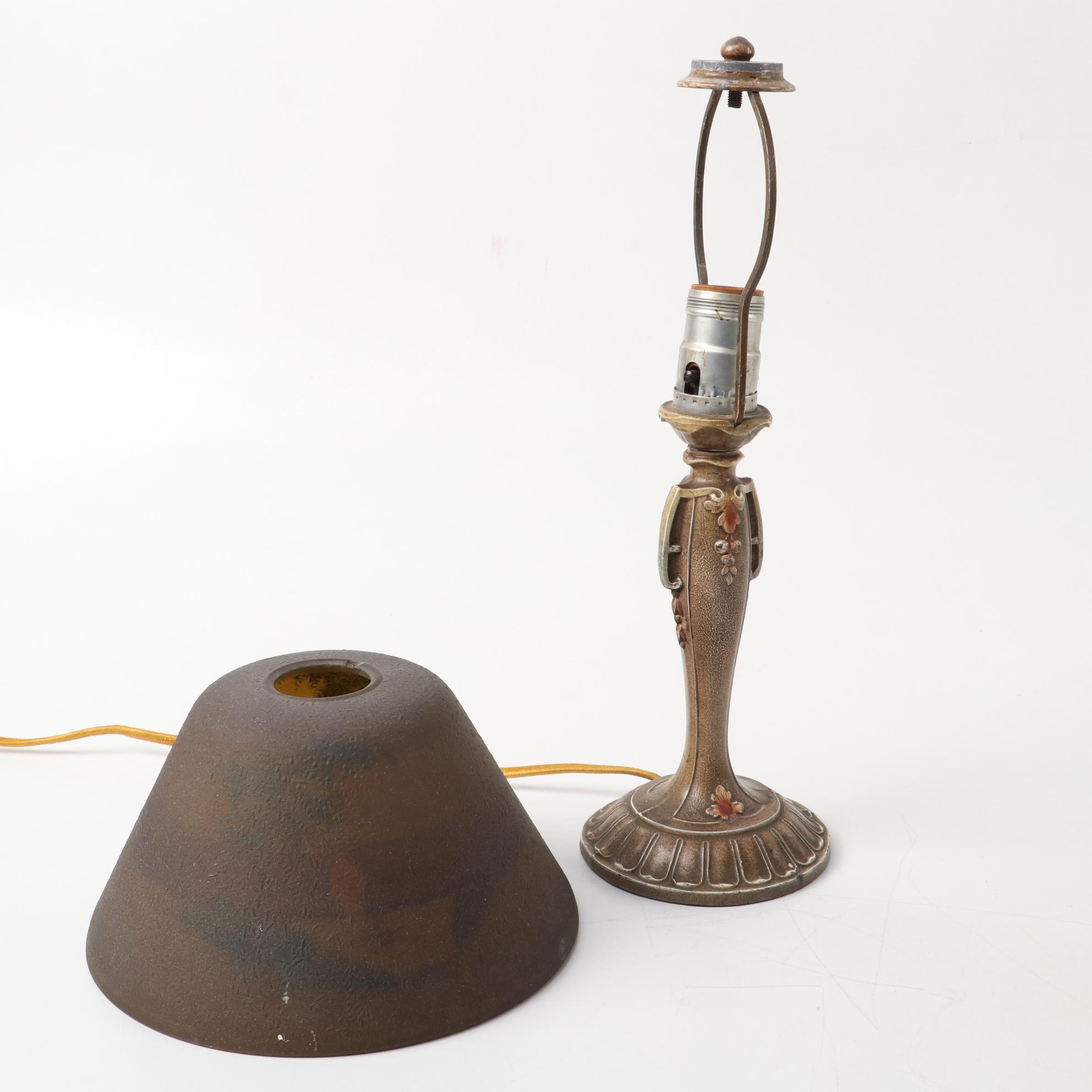 Art Nouveau Cast Metal Table Lamps with Reverse Painted Shades, Early/Mid 20th C