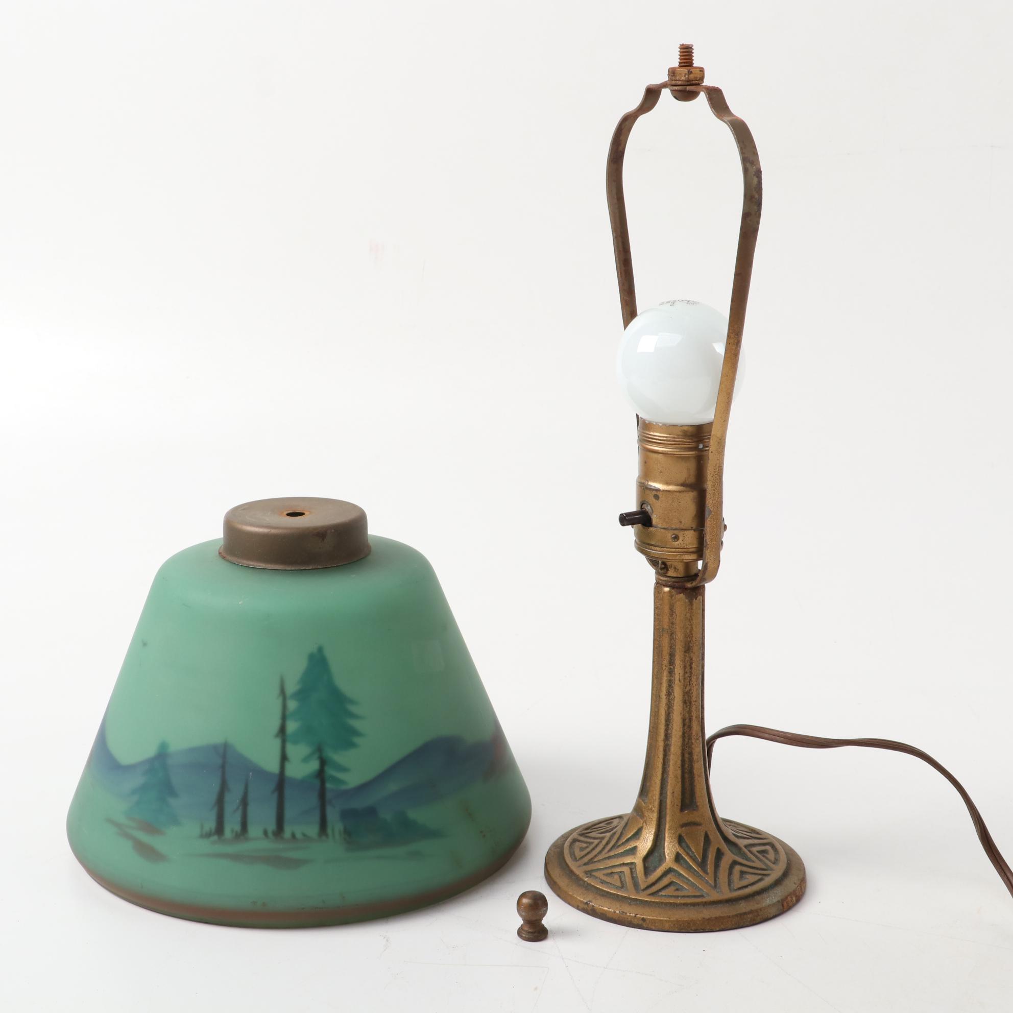 Art Nouveau Cast Metal Table Lamps with Reverse Painted Shades, Early/Mid 20th C