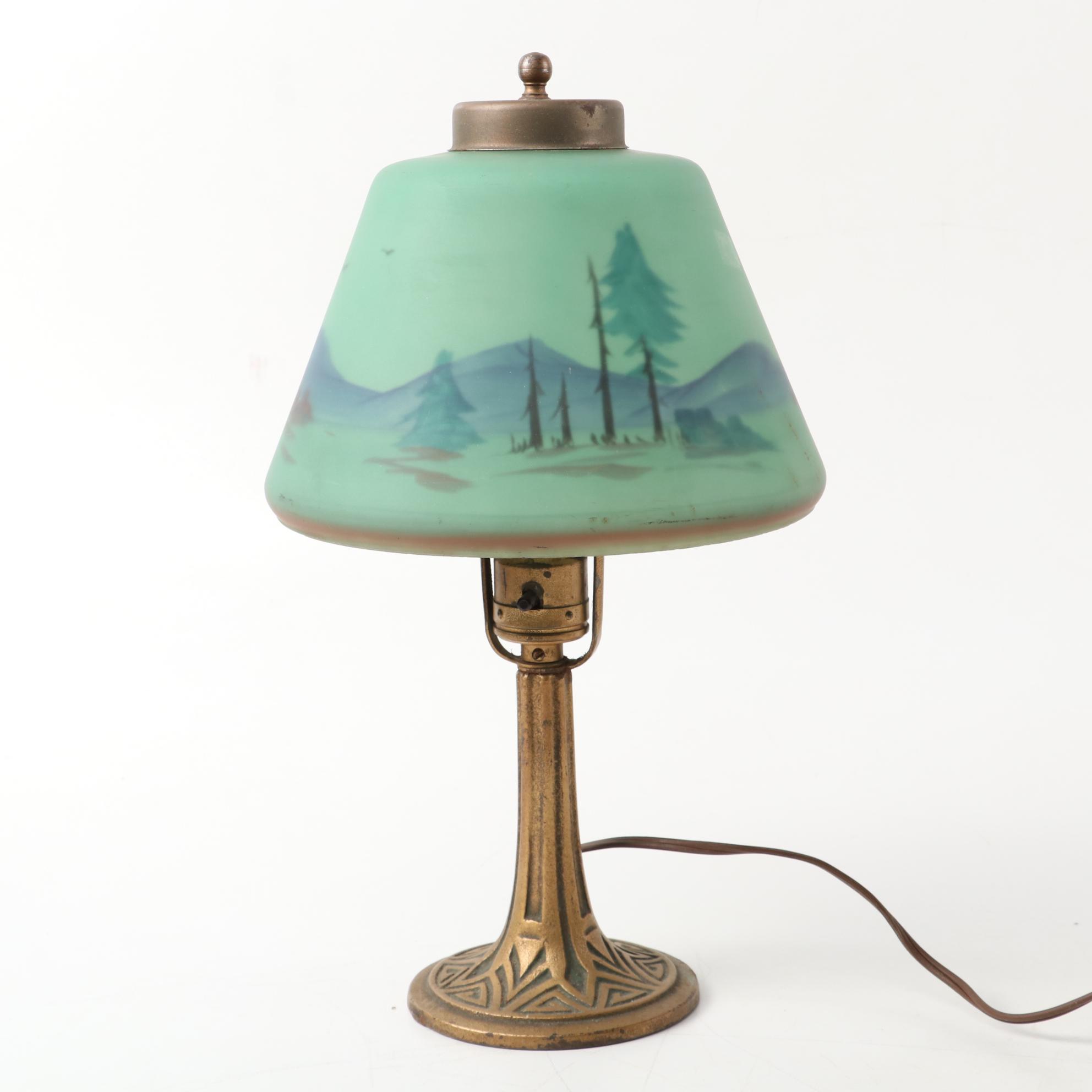 Art Nouveau Cast Metal Table Lamps with Reverse Painted Shades, Early/Mid 20th C
