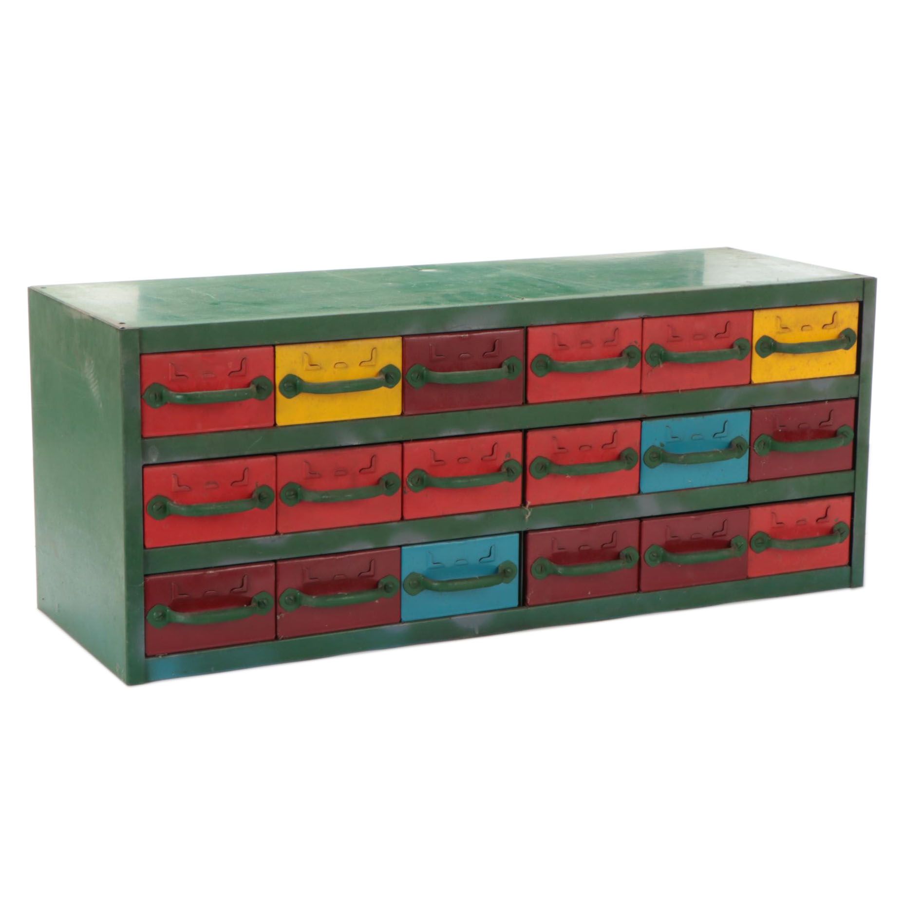 Polychrome-Painted Metal 24-Drawer Parts Cabinet