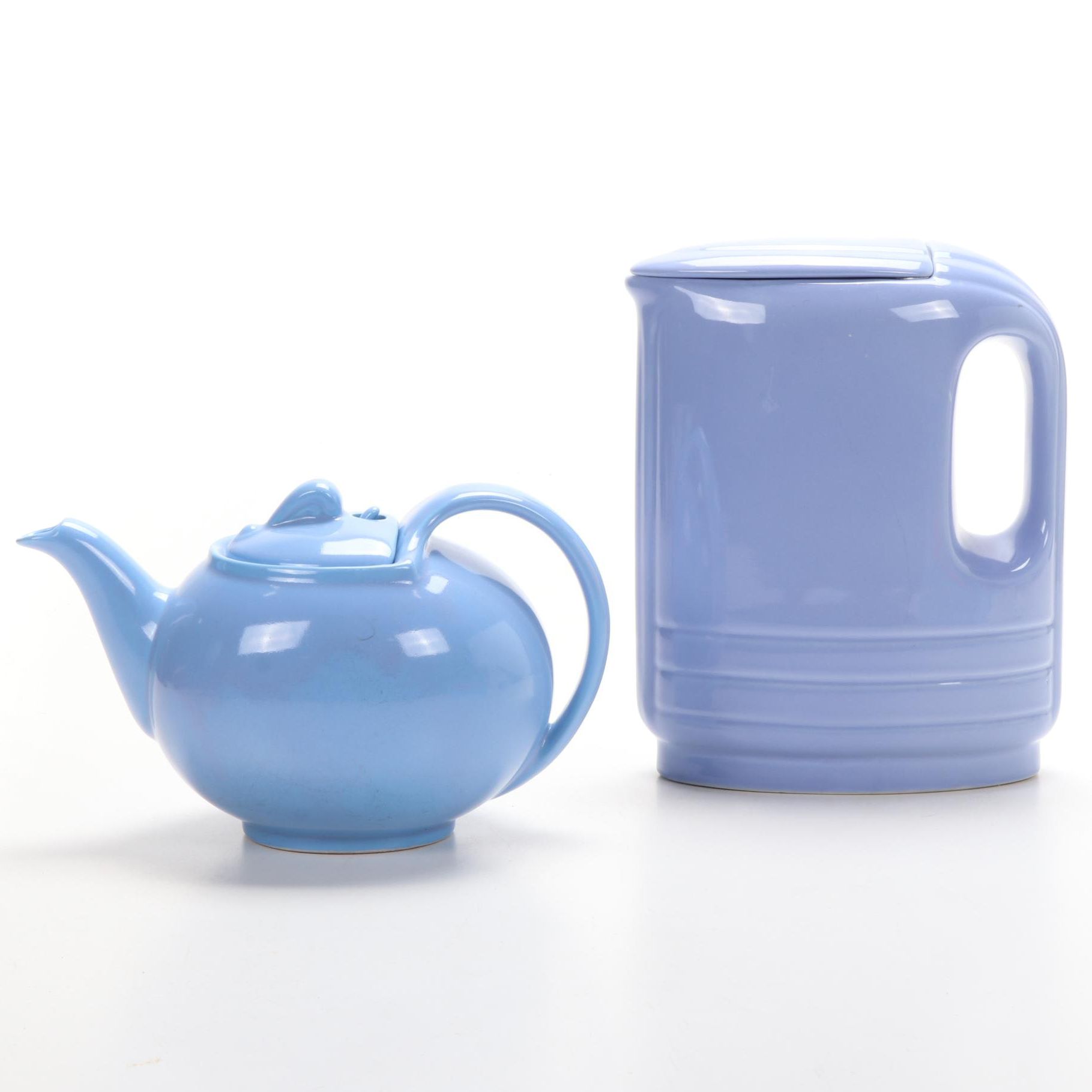 Hall Ceramic Periwinkle Pitcher and Sky Blue Teapot, Mid to Late 20th Century