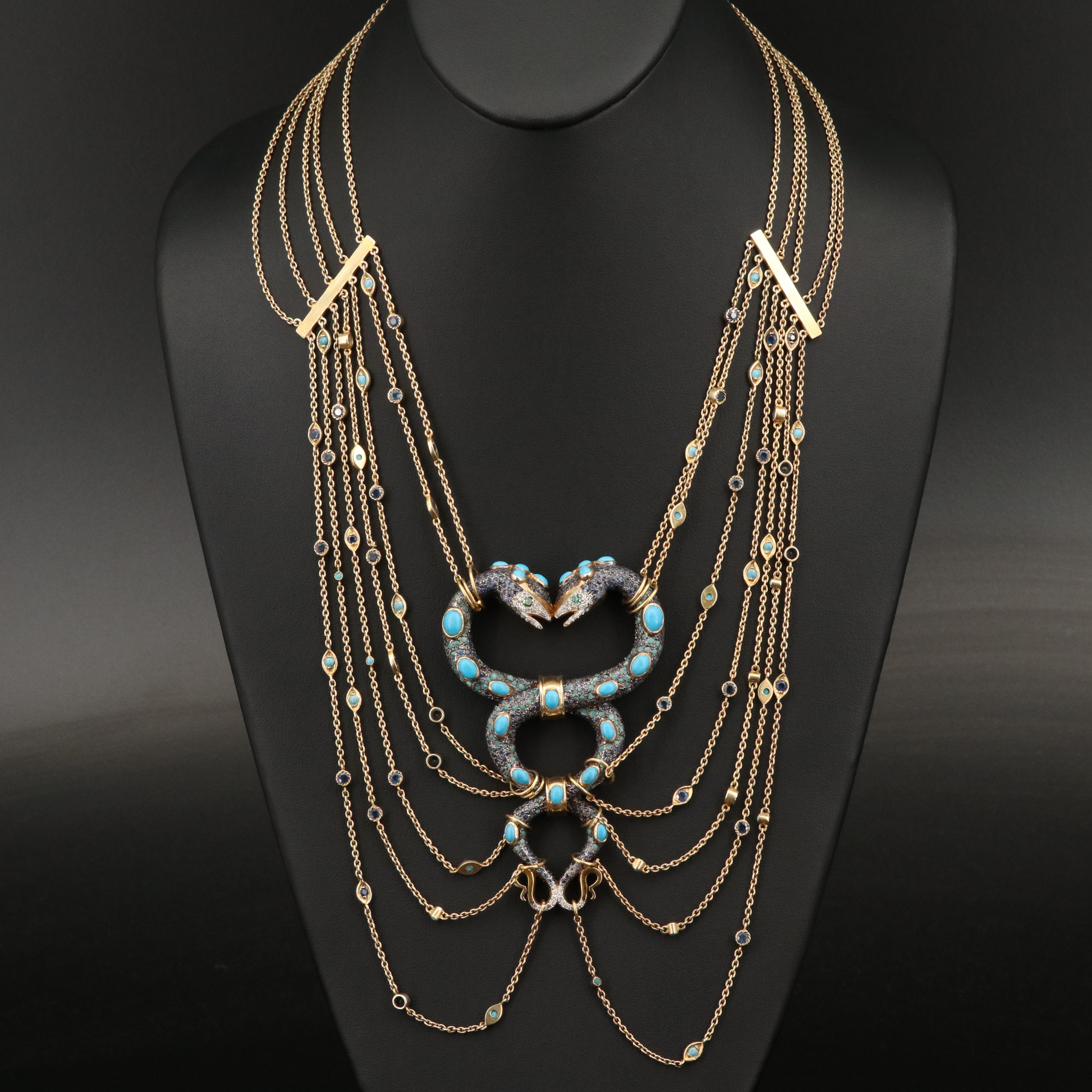 Sterling Diamond, Sapphire and Cubic Intertwined Snakes Festoon Necklace