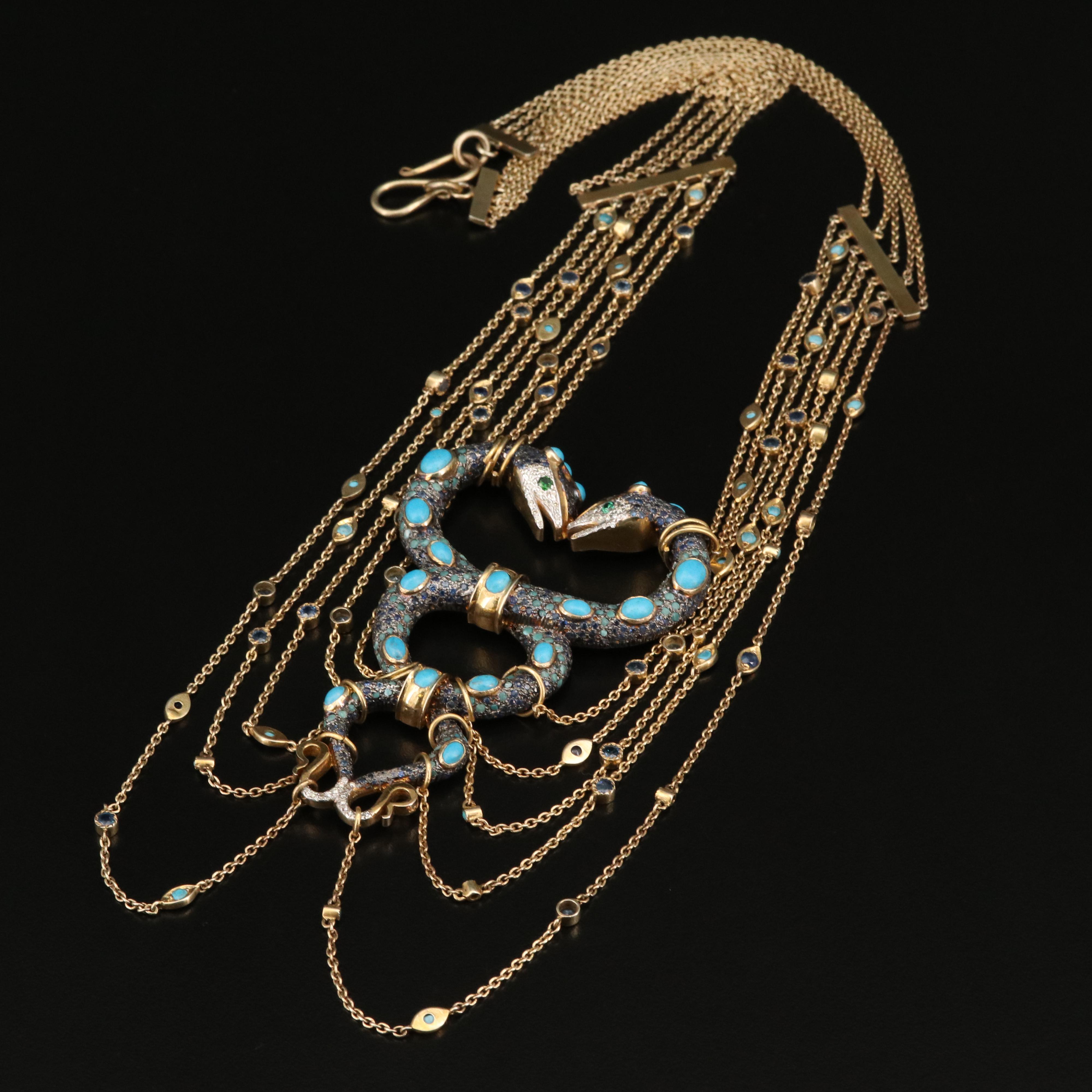 Sterling Diamond, Sapphire and Cubic Intertwined Snakes Festoon Necklace