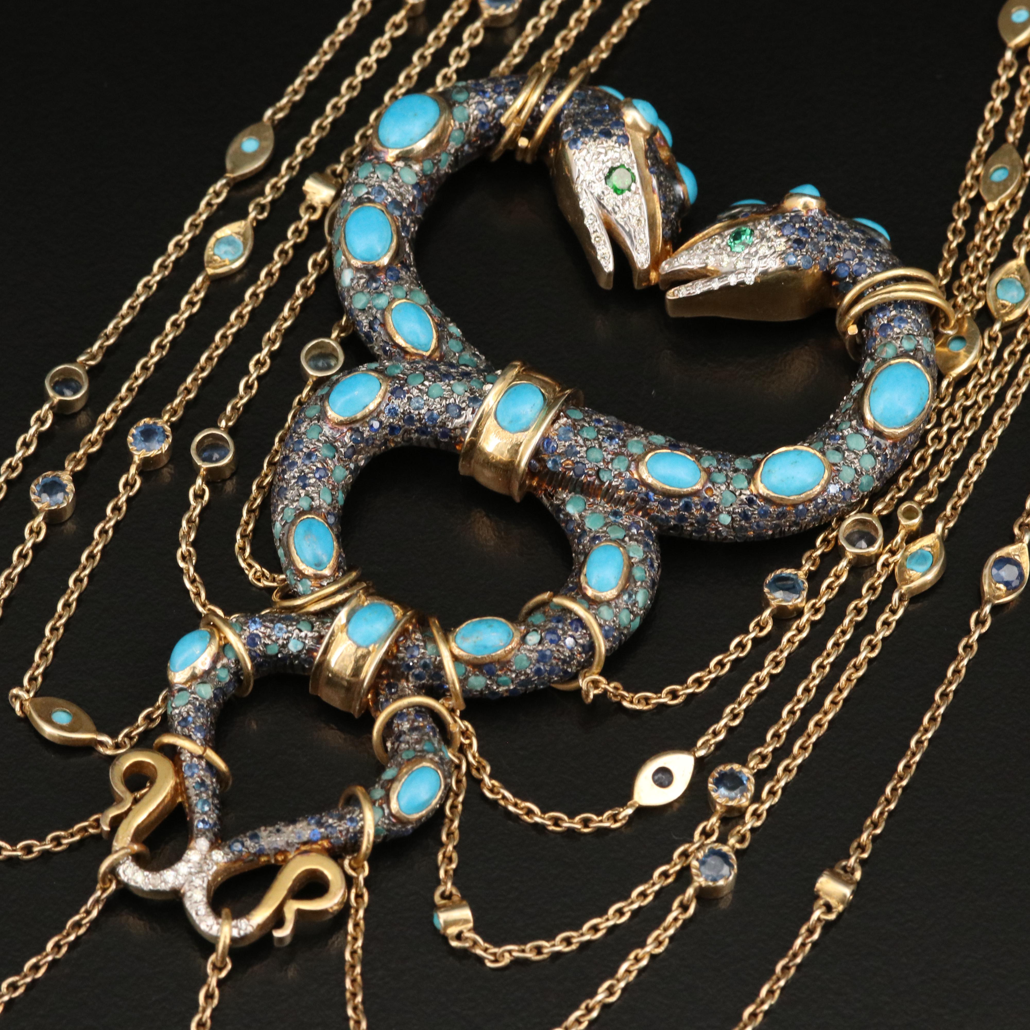 Sterling Diamond, Sapphire and Cubic Intertwined Snakes Festoon Necklace
