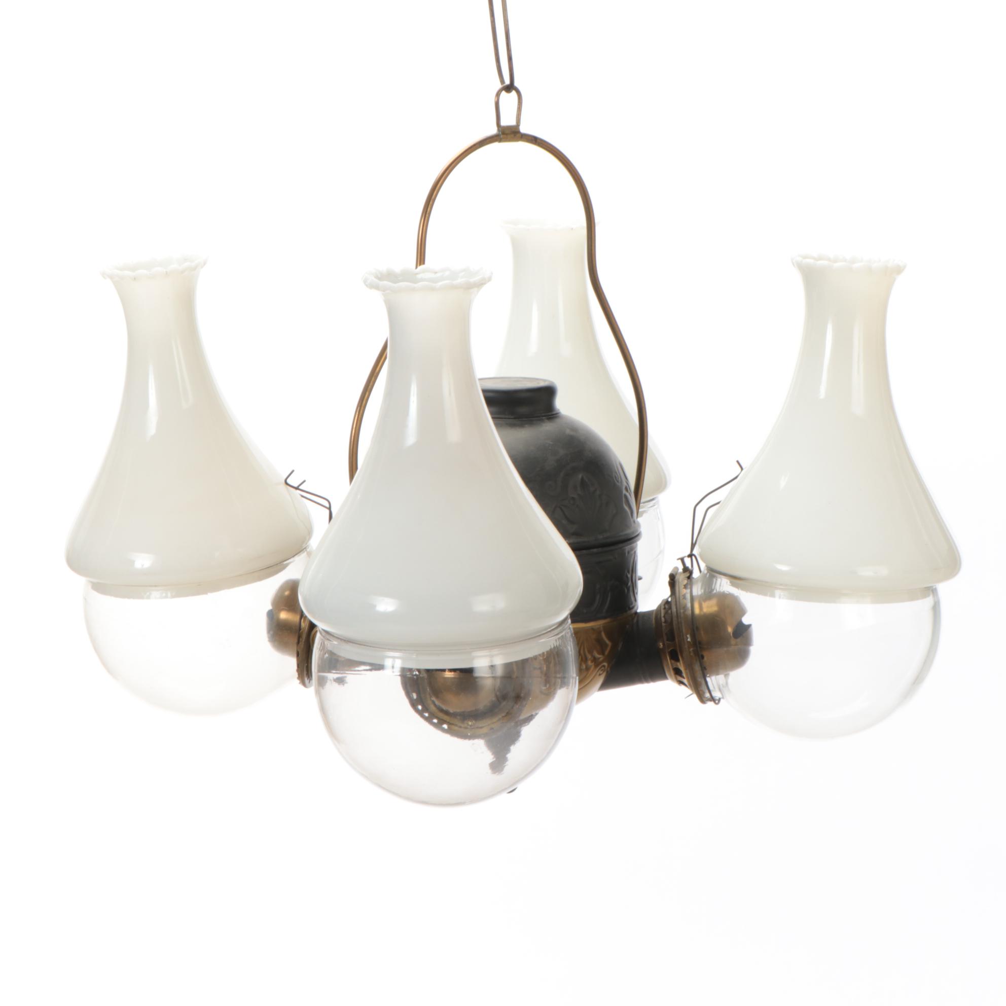 Victorian Angle Lamp Company Four-Arm Kerosene Ceiling Pendant Light