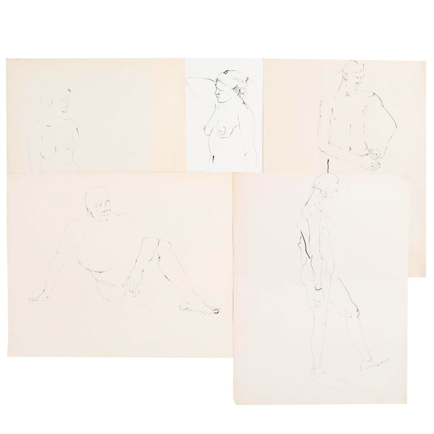John Tuska Figural Nude Ink Drawings, Mid-20th Century