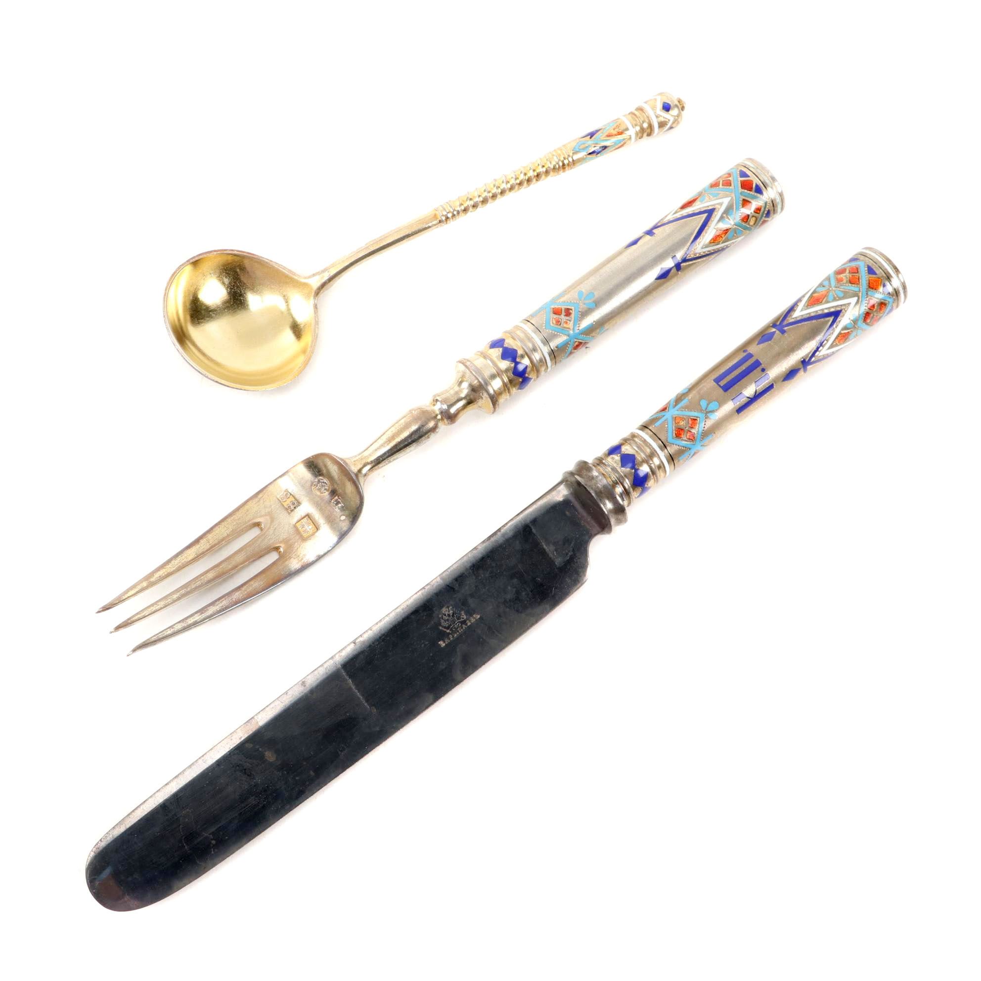 Russian Imperial Champlevé Pan-Slavic Enamel 916 Silver Flatware, 1875