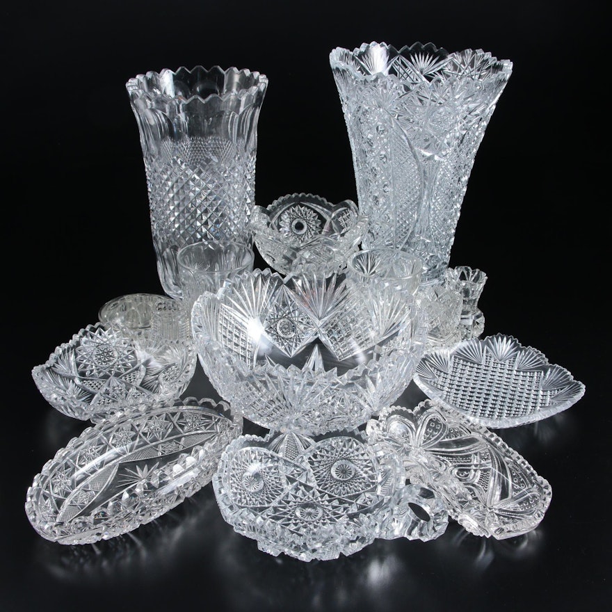 American Brilliant Cut and Early Pattern Glass Vases, Cups and Bowls