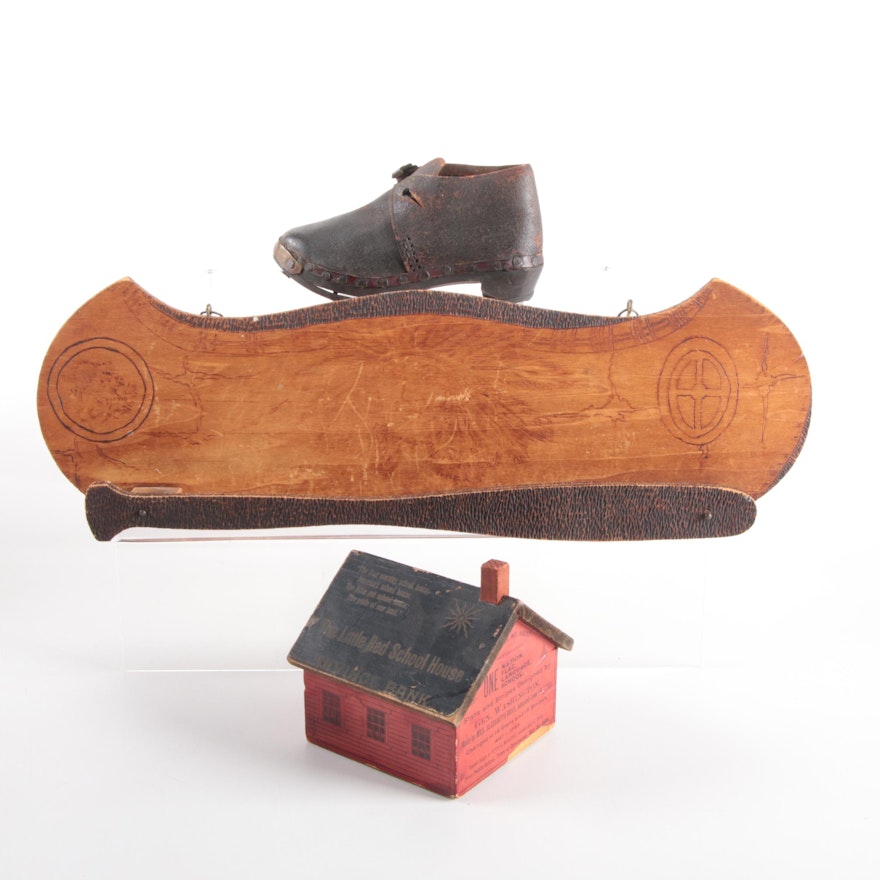 Wooden Schoolhouse Bank, Decorative Shoe and Wooden Wall Hanging