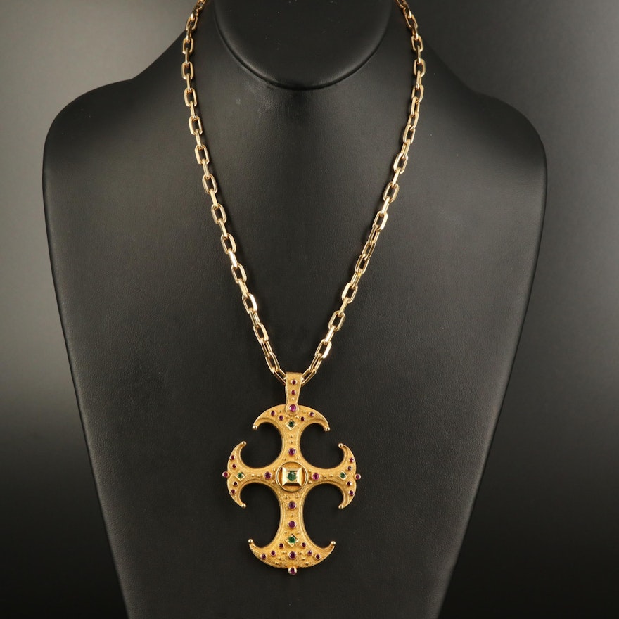 Greek 18K Emerald and Ruby Cercelée Cross Necklace