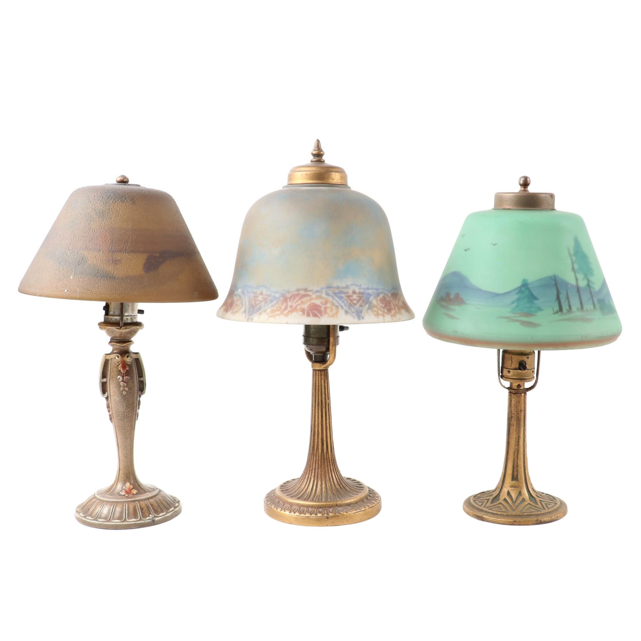 Art Nouveau Cast Metal Table Lamps with Reverse Painted Shades, Early/Mid 20th C