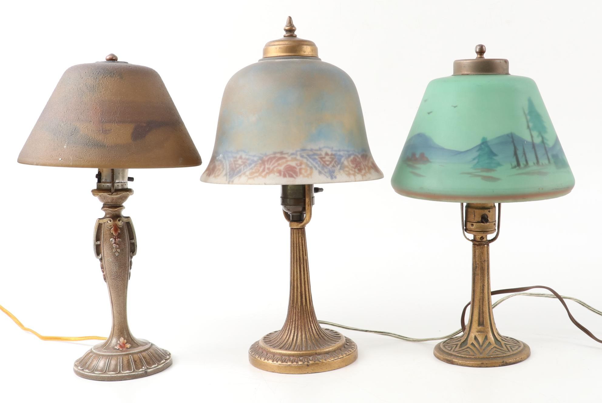 Art Nouveau Cast Metal Table Lamps with Reverse Painted Shades, Early/Mid 20th C
