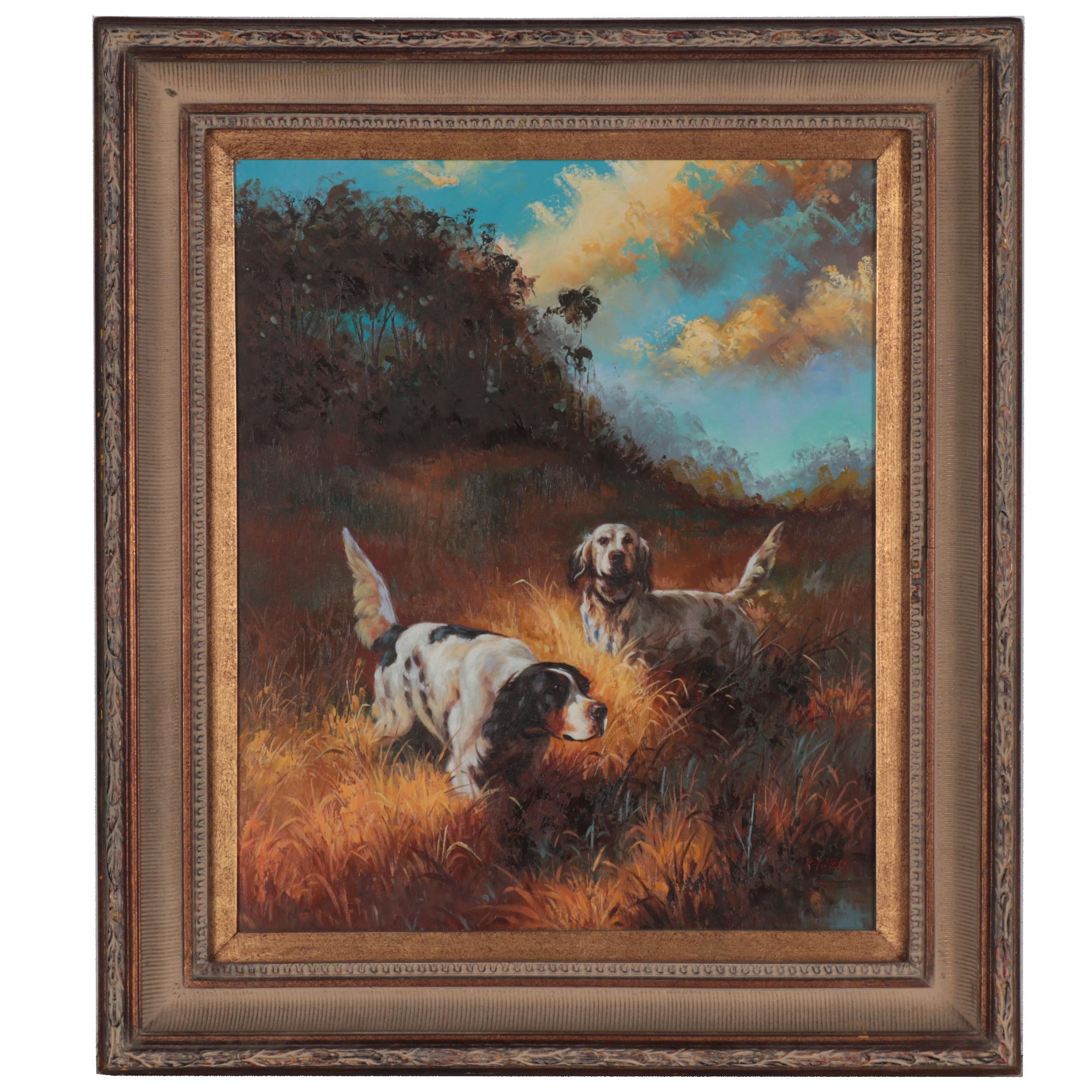 Oil Painting after K. Rizo of Hunting Dog, Late 20th Century