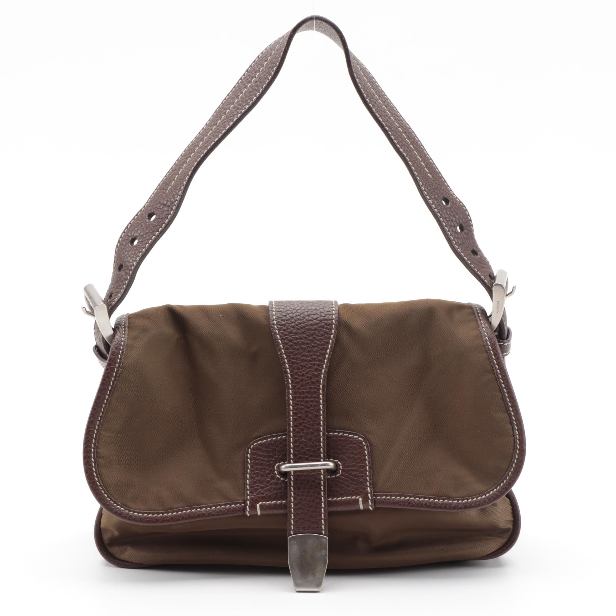 Prada Tessuto Nylon and Contrast Stitched Leather Shoulder Bag