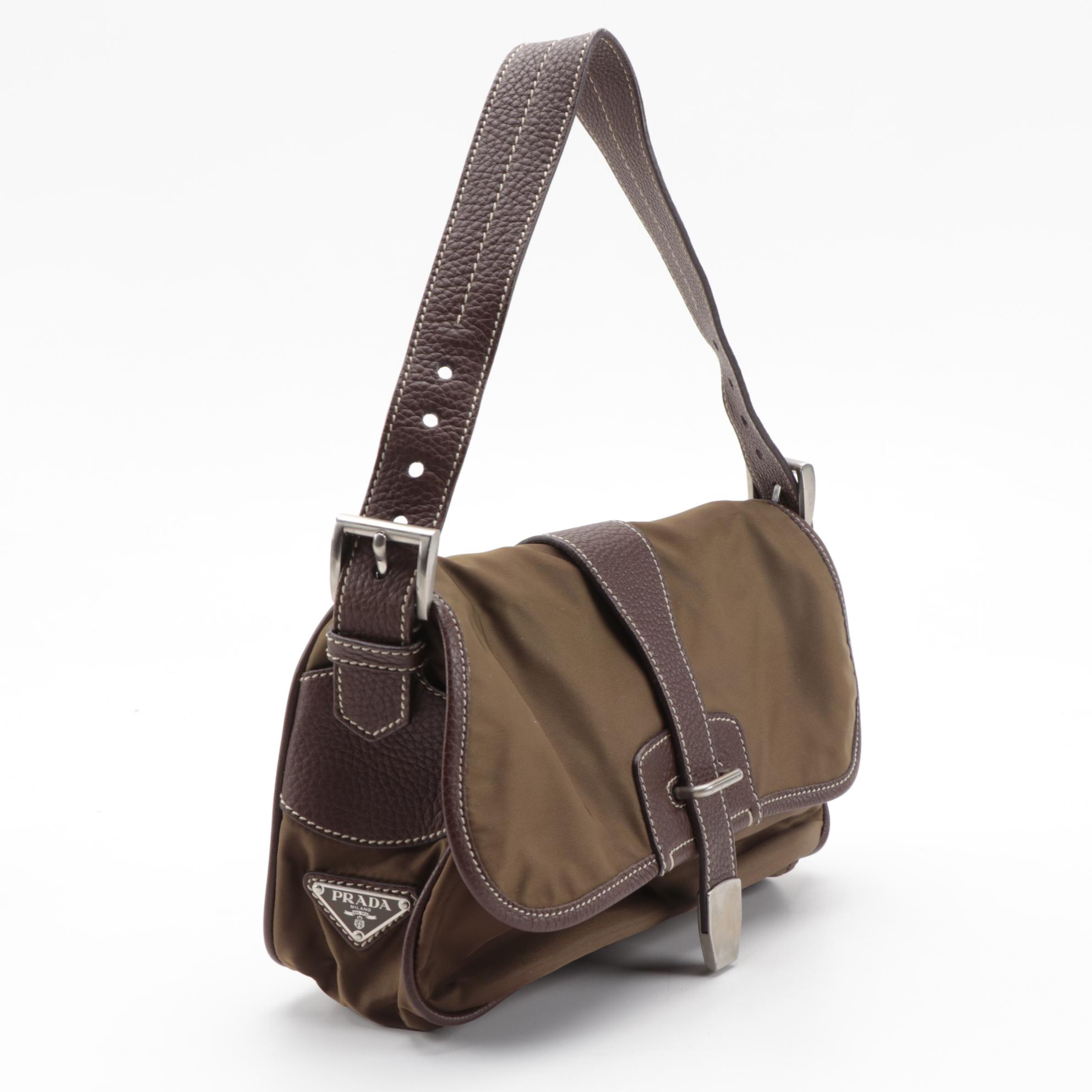 Prada Tessuto Nylon and Contrast Stitched Leather Shoulder Bag