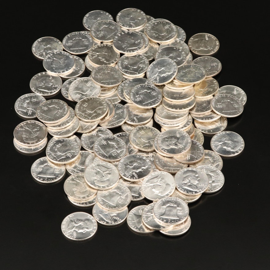 100 Franklin Silver Half Dollars, 1963