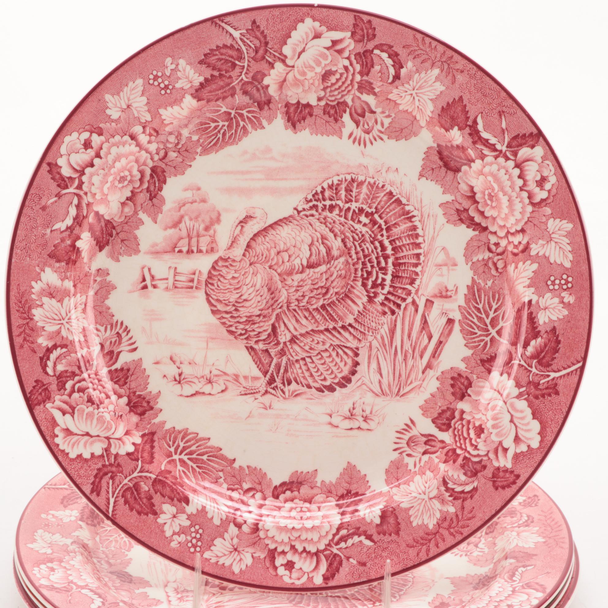 Wood & Sons Pink "Turkey" Transferware Dinner Plates