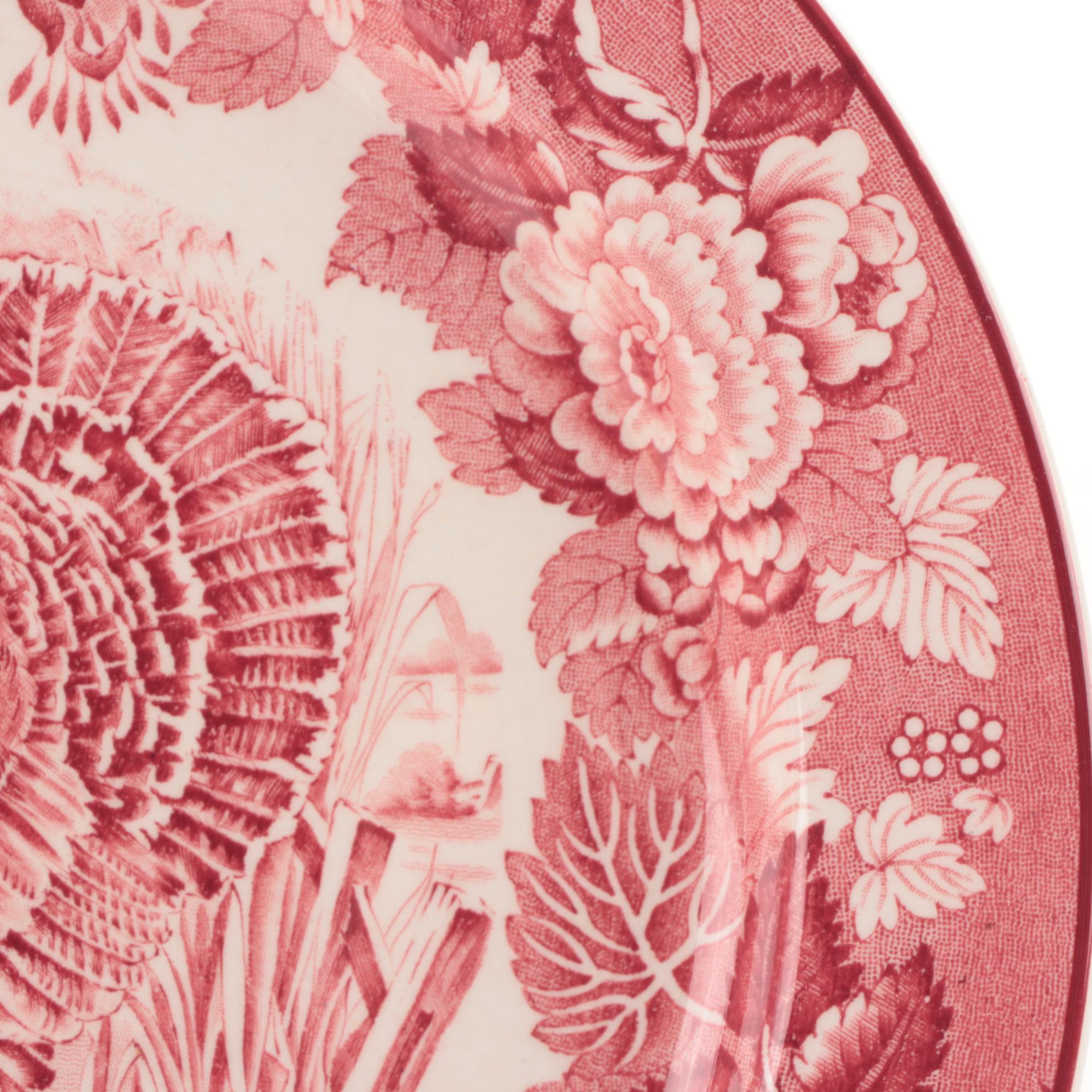 Wood & Sons Pink "Turkey" Transferware Dinner Plates