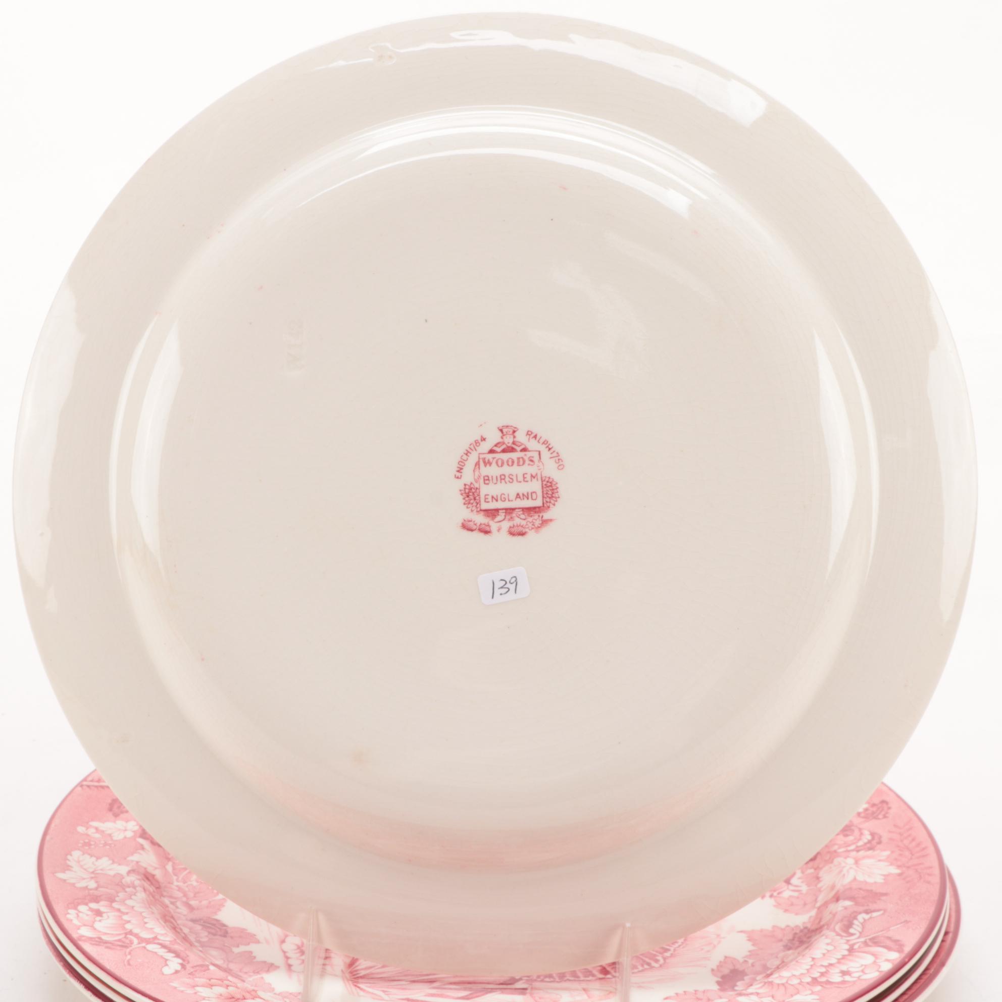 Wood & Sons Pink "Turkey" Transferware Dinner Plates