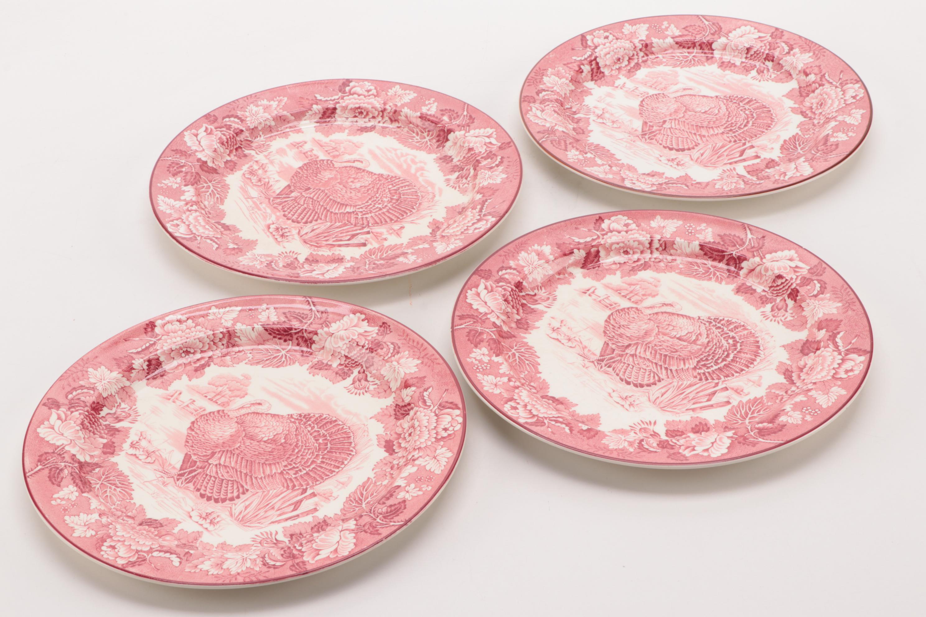 Wood & Sons Pink "Turkey" Transferware Dinner Plates