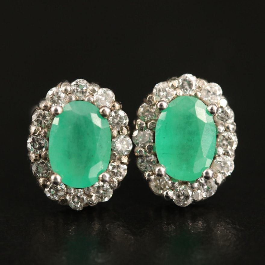 10K Emerald and Diamond Halo Oval Earrings