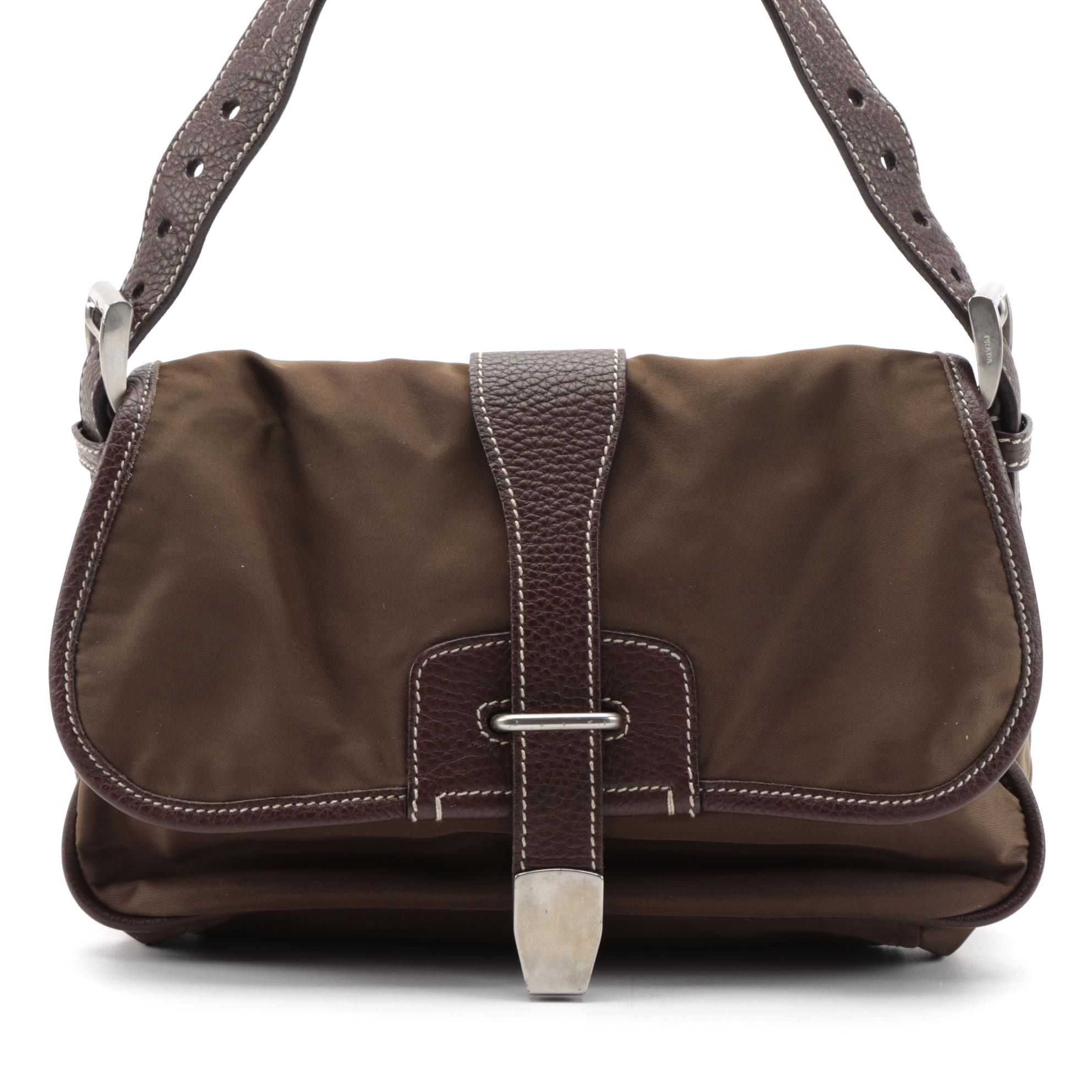 Prada Tessuto Nylon and Contrast Stitched Leather Shoulder Bag