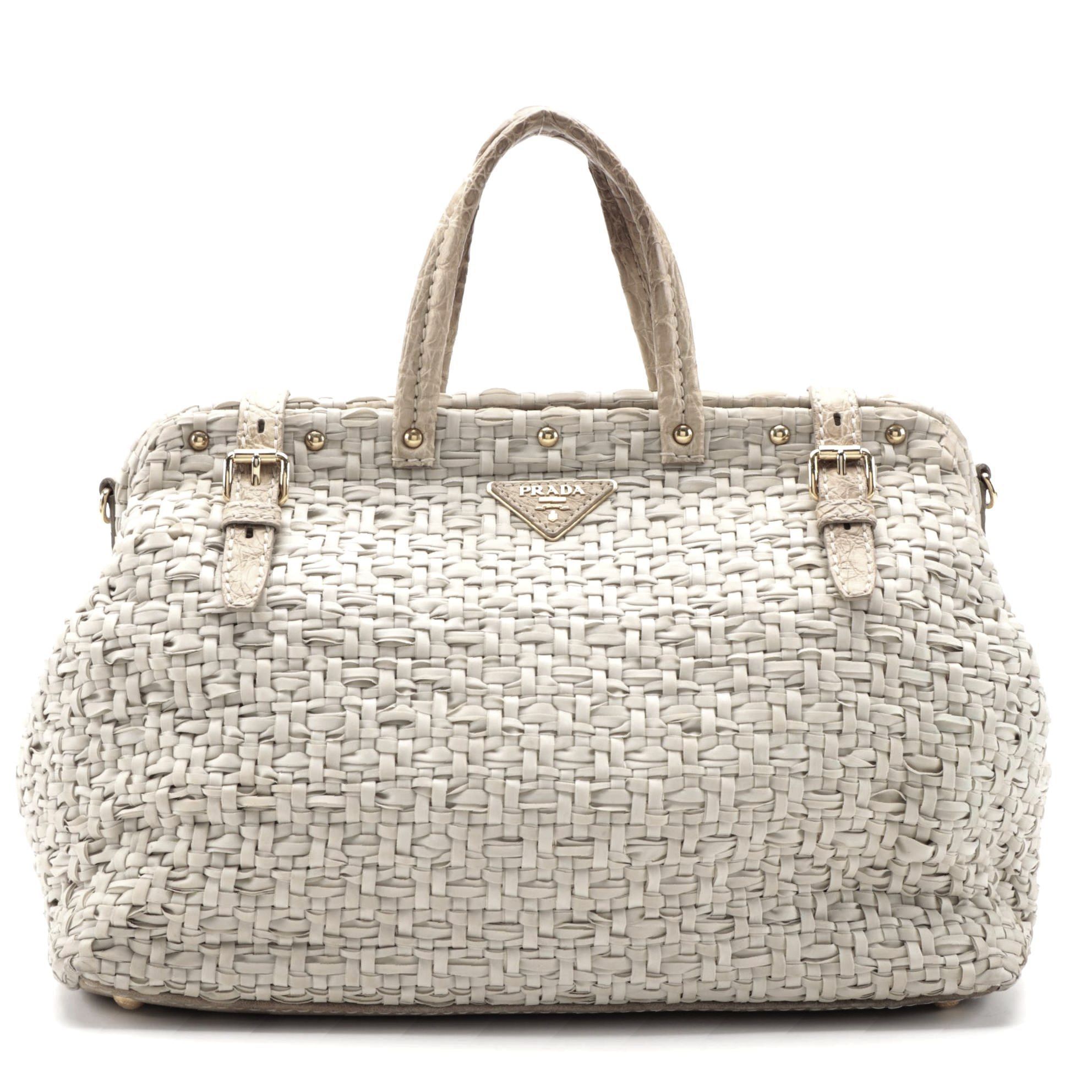 Prada Tessuto Woven Doctor's Bag in Beige Nylon with Embossed Leather Trim