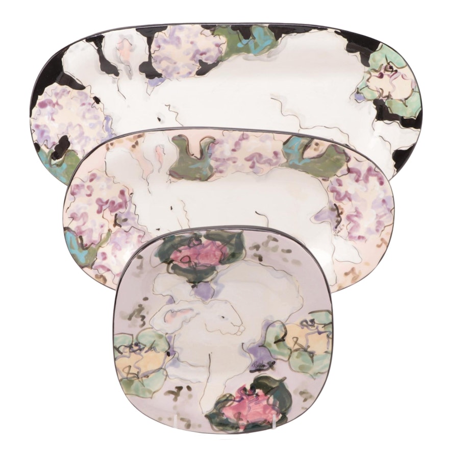 Paula Womacks Floral Rabbit Painted Platters and Plates, 1990s