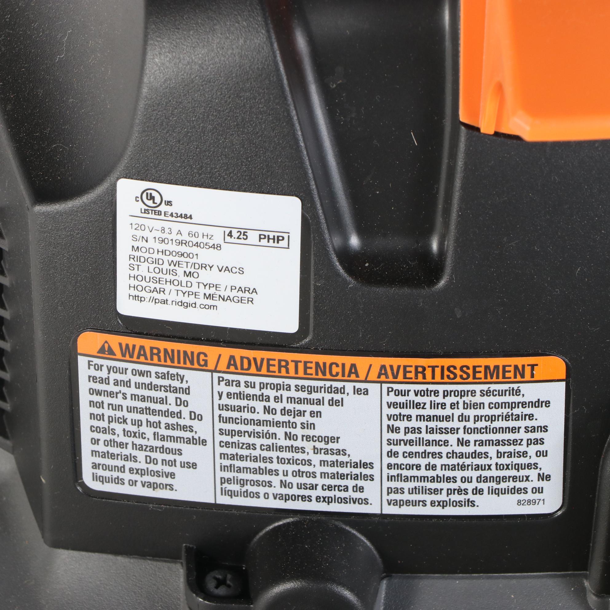 RIDGID HD09001 9-Gallon Electric Wet/Dry Shop Vacuum