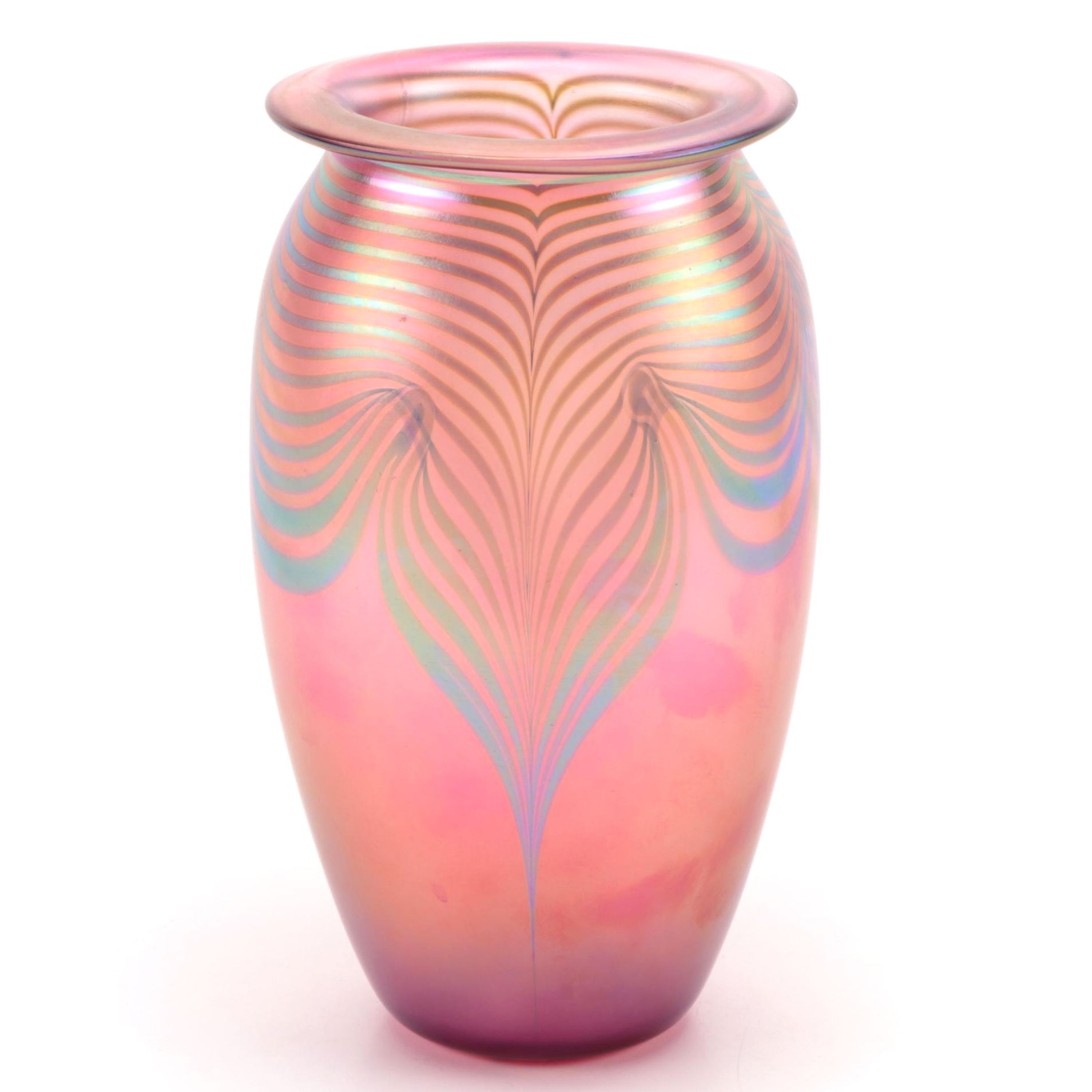 Robert Eickholt Handblown Iridescent Pulled Feather Art Glass Vase, 1984