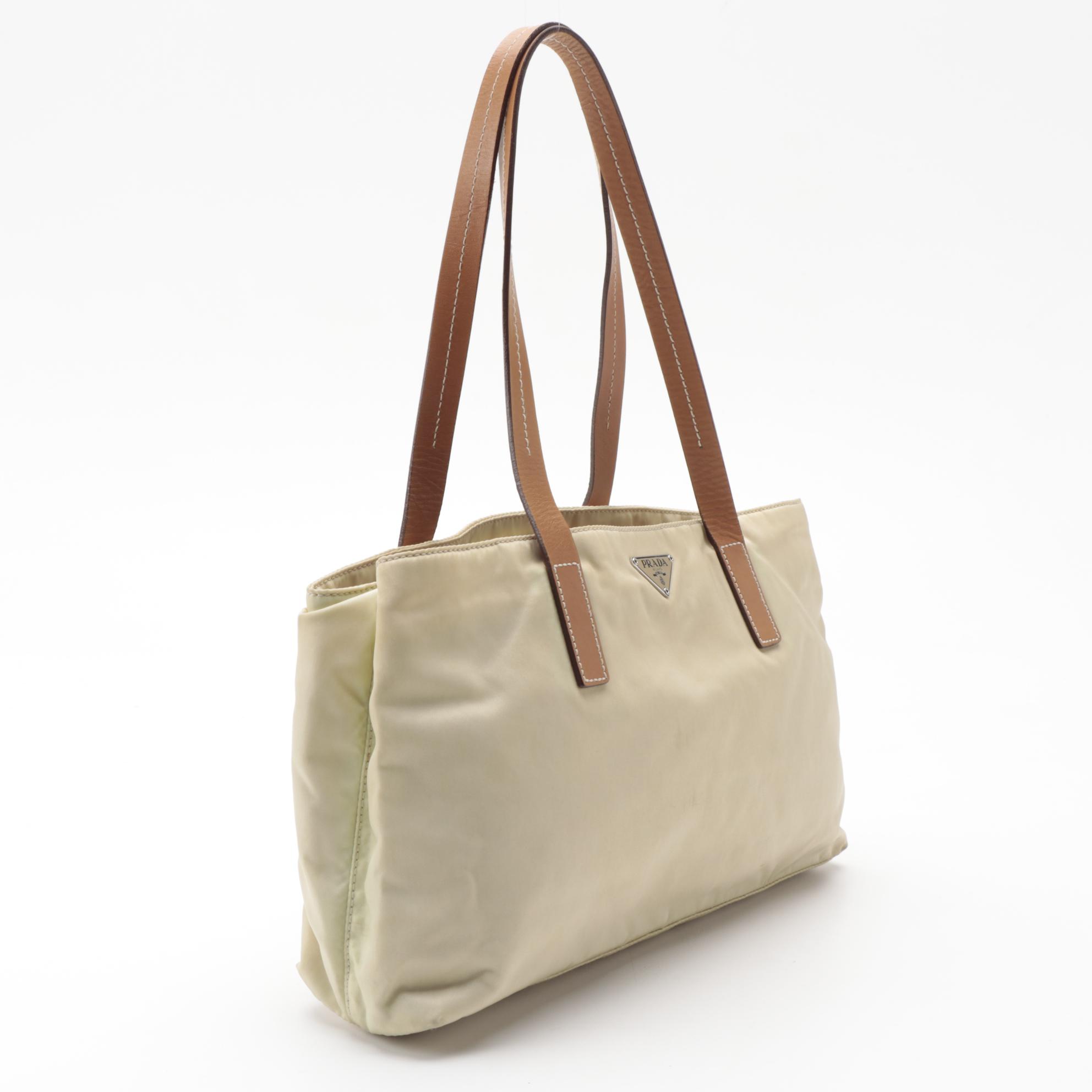 Prada Small Beige Tessuto Nylon Tote Bag with Leather Straps