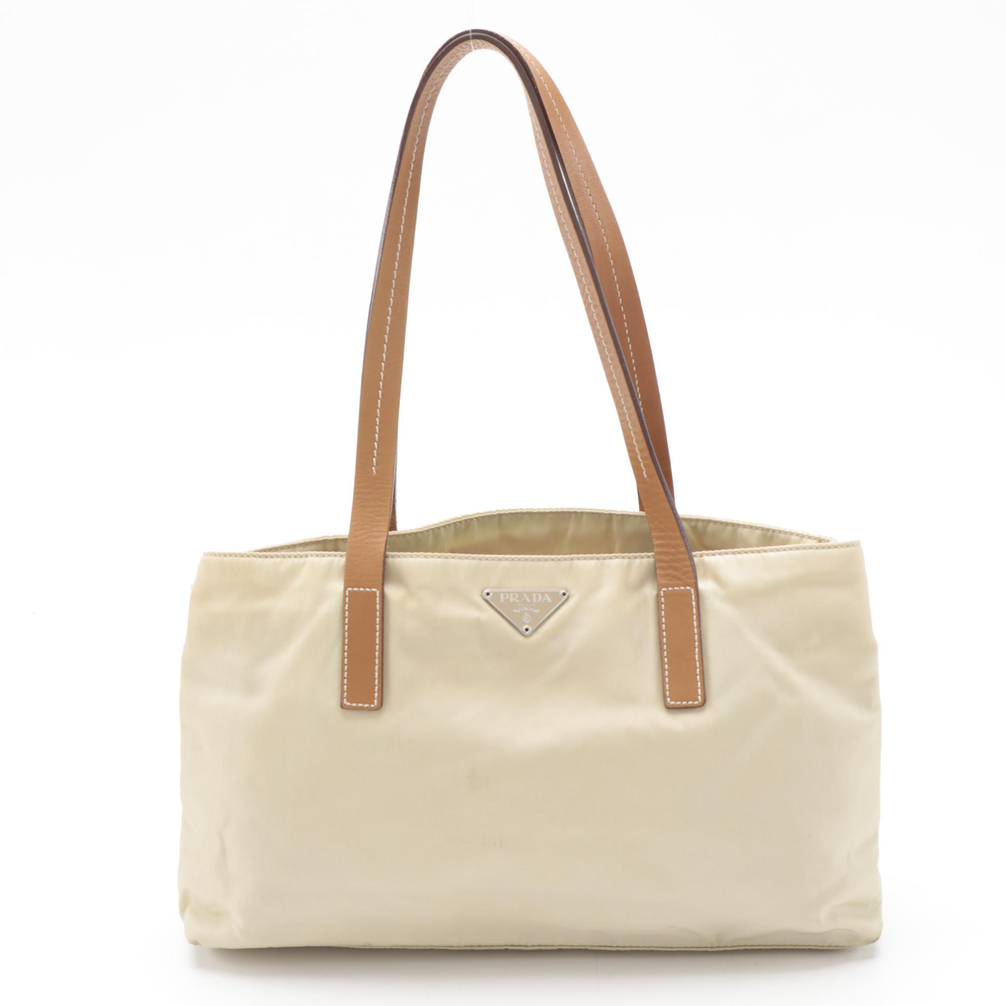 Prada Small Beige Tessuto Nylon Tote Bag with Leather Straps