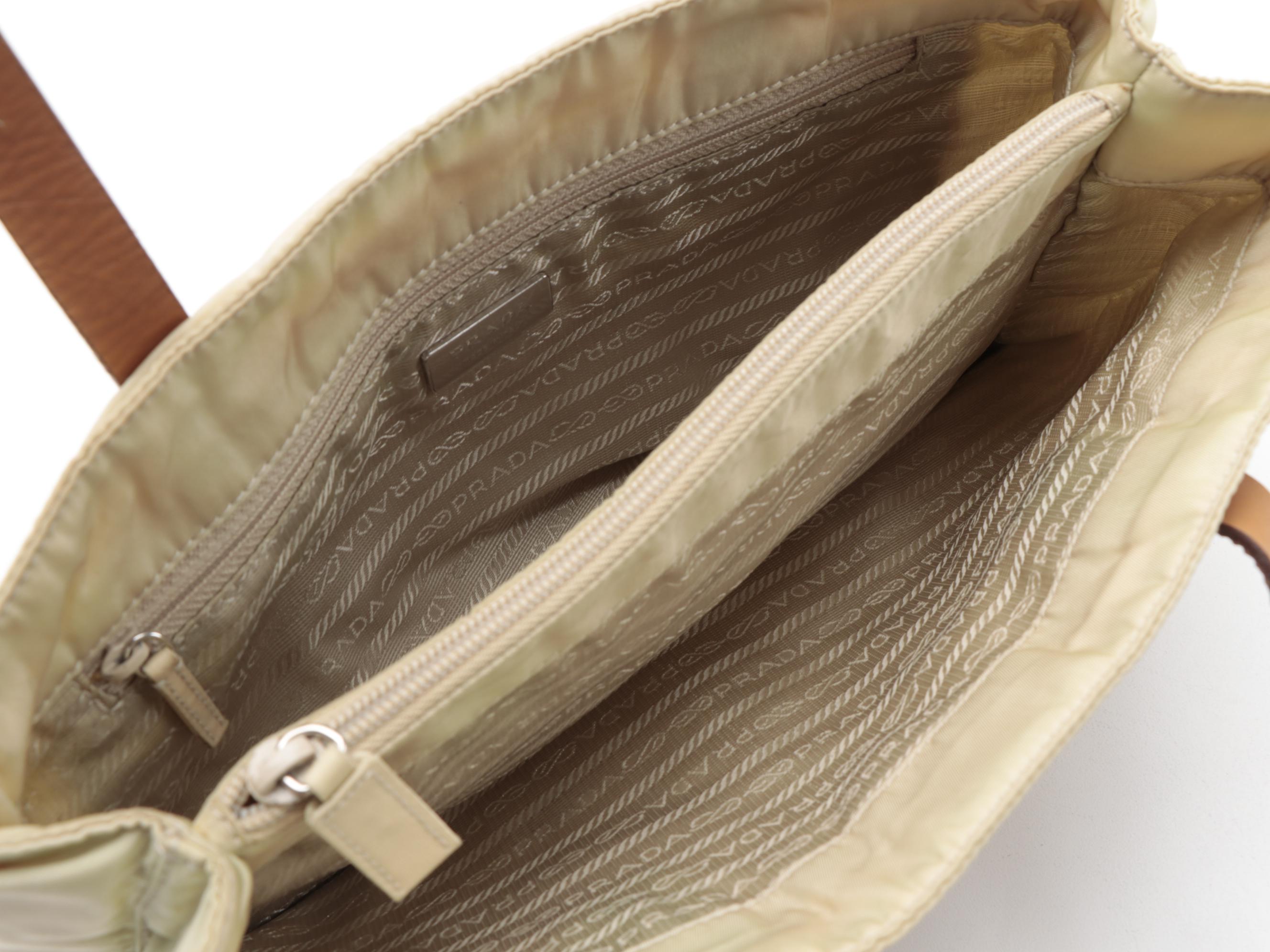 Prada Small Beige Tessuto Nylon Tote Bag with Leather Straps