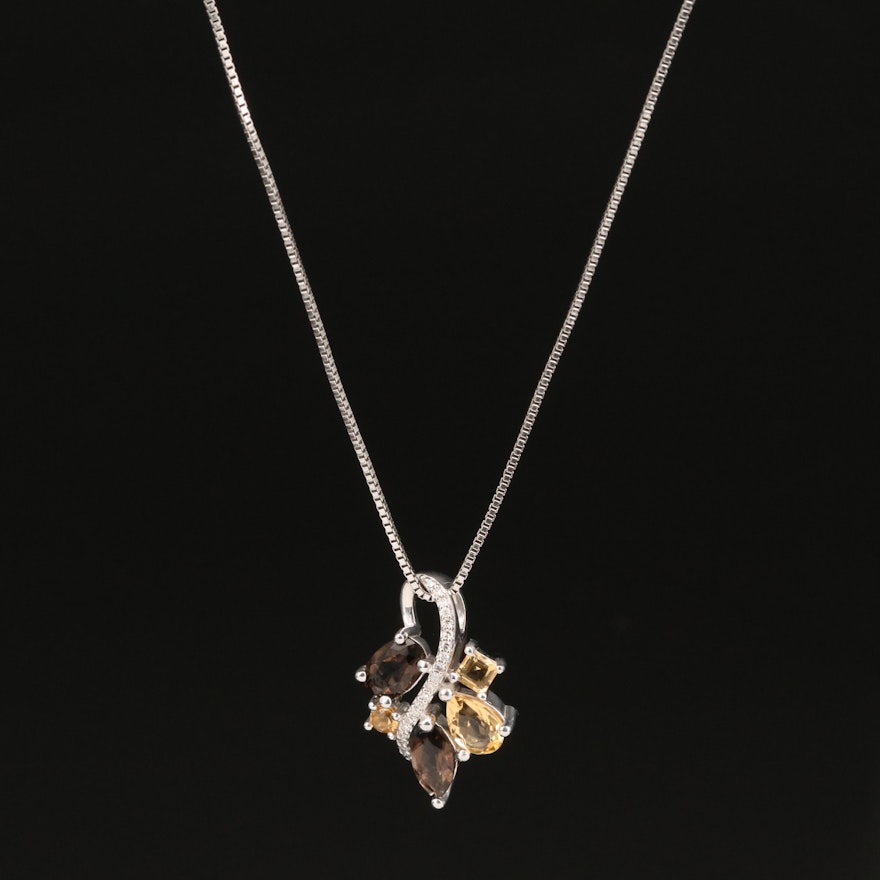 Sterling Citrine, Smoky Quartz and Diamond Pendant Necklace