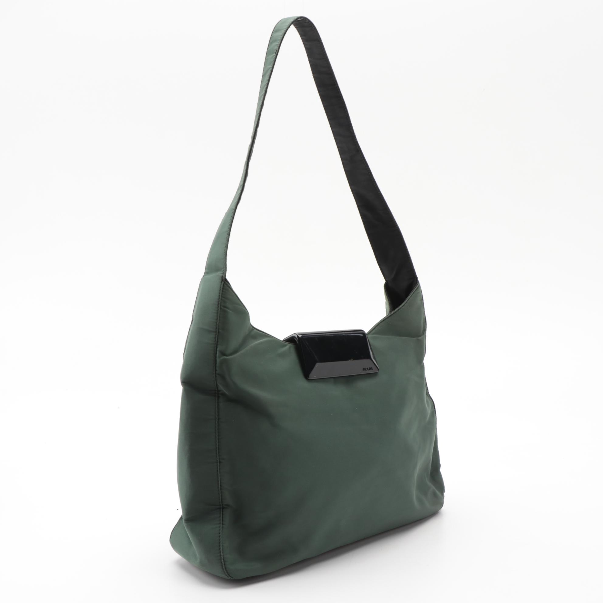 Prada Green Tessuto Nylon Hobo Bag with Black Lucite Clasp