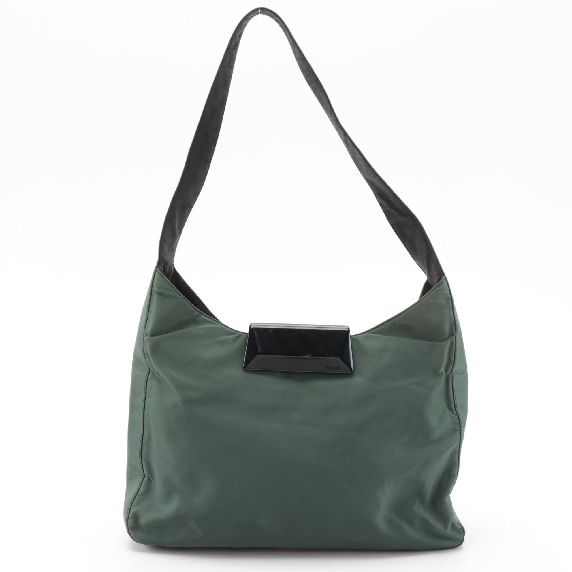 Prada Green Tessuto Nylon Hobo Bag with Black Lucite Clasp