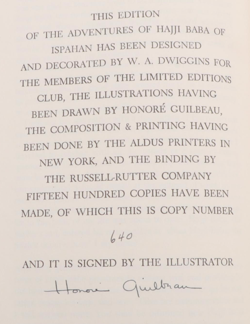 Honoré Guilbeau Signed "The Adventures of Hajji Baba" by J. J. Morier, 1947