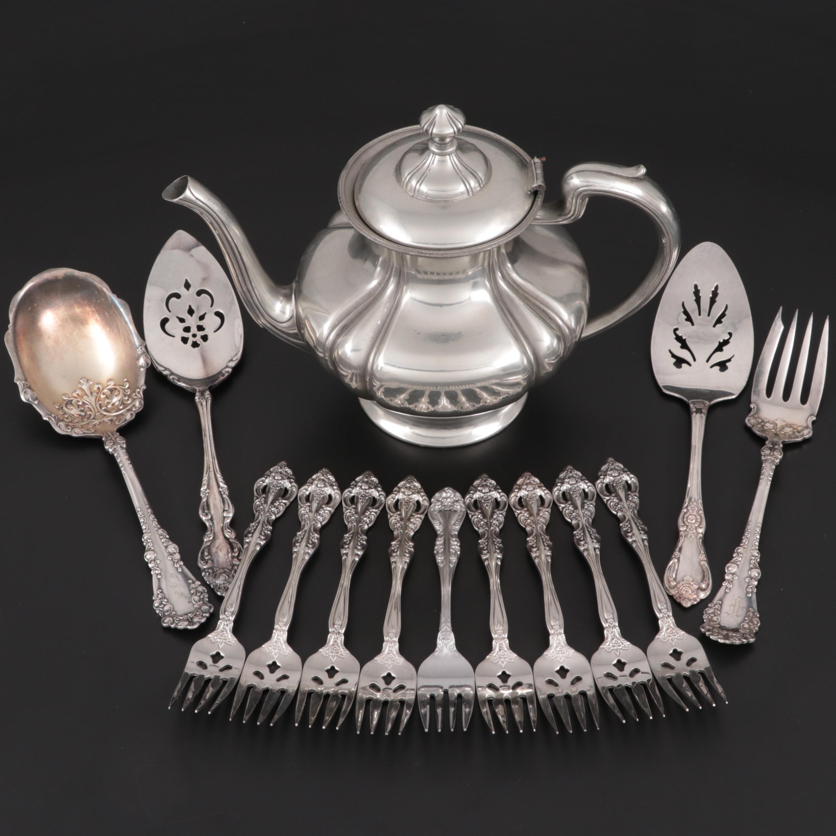 Oneida "Brahms" Salad Forks with Other Silver Plate Serving Utensils and Teapot