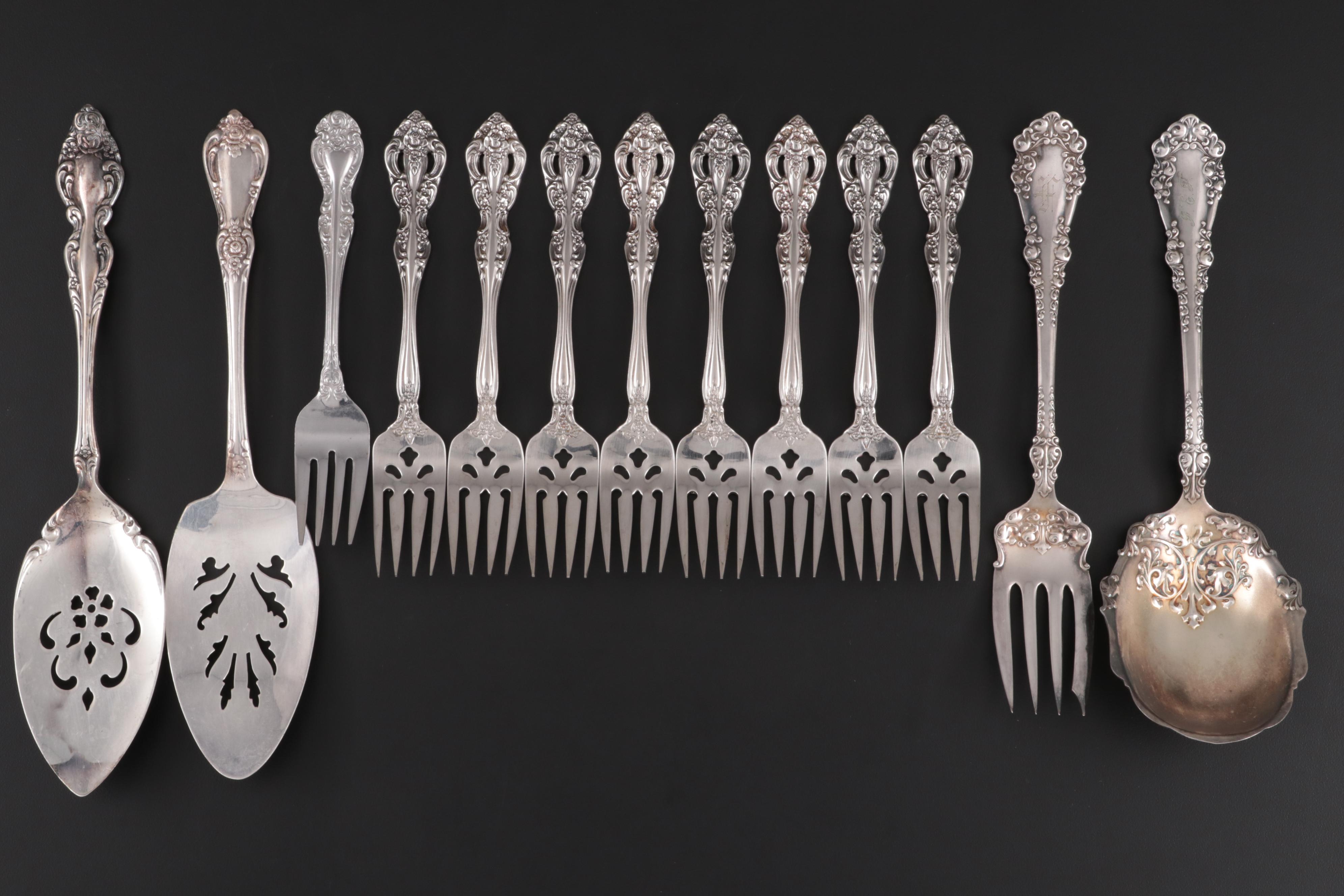 Oneida "Brahms" Salad Forks with Other Silver Plate Serving Utensils and Teapot