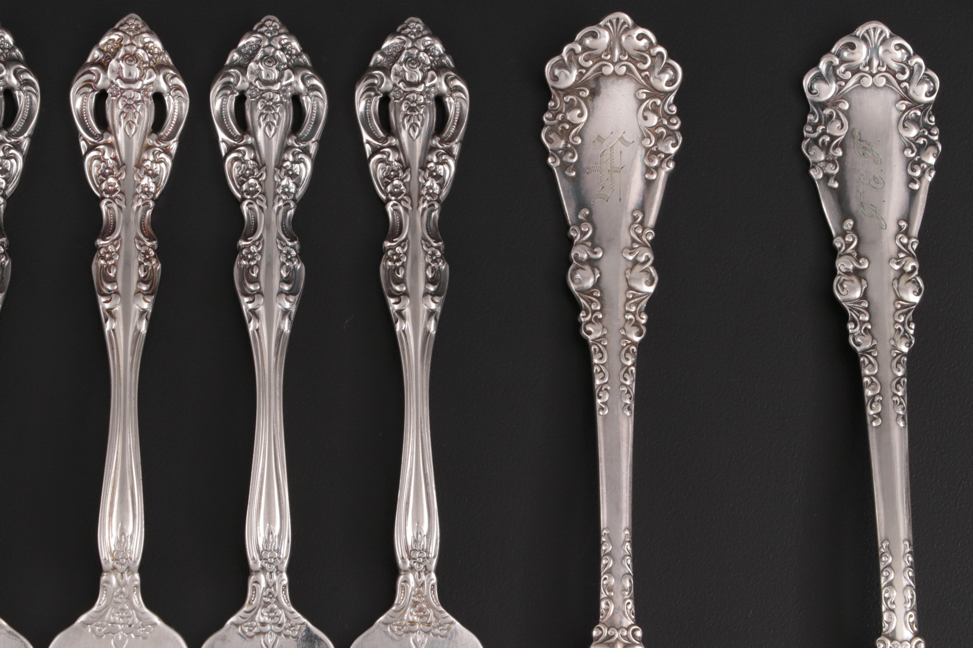 Oneida "Brahms" Salad Forks with Other Silver Plate Serving Utensils and Teapot