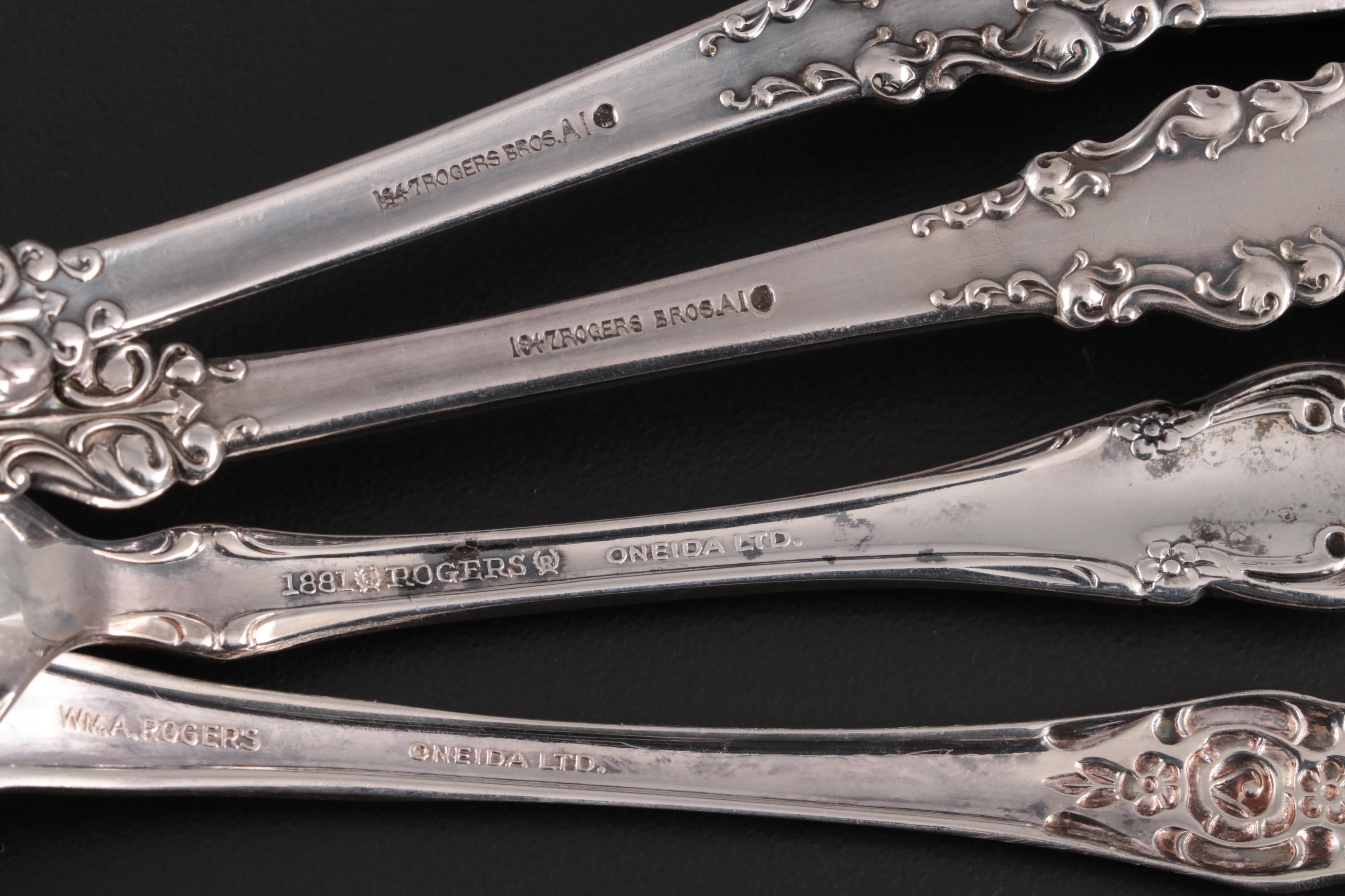 Oneida "Brahms" Salad Forks with Other Silver Plate Serving Utensils and Teapot