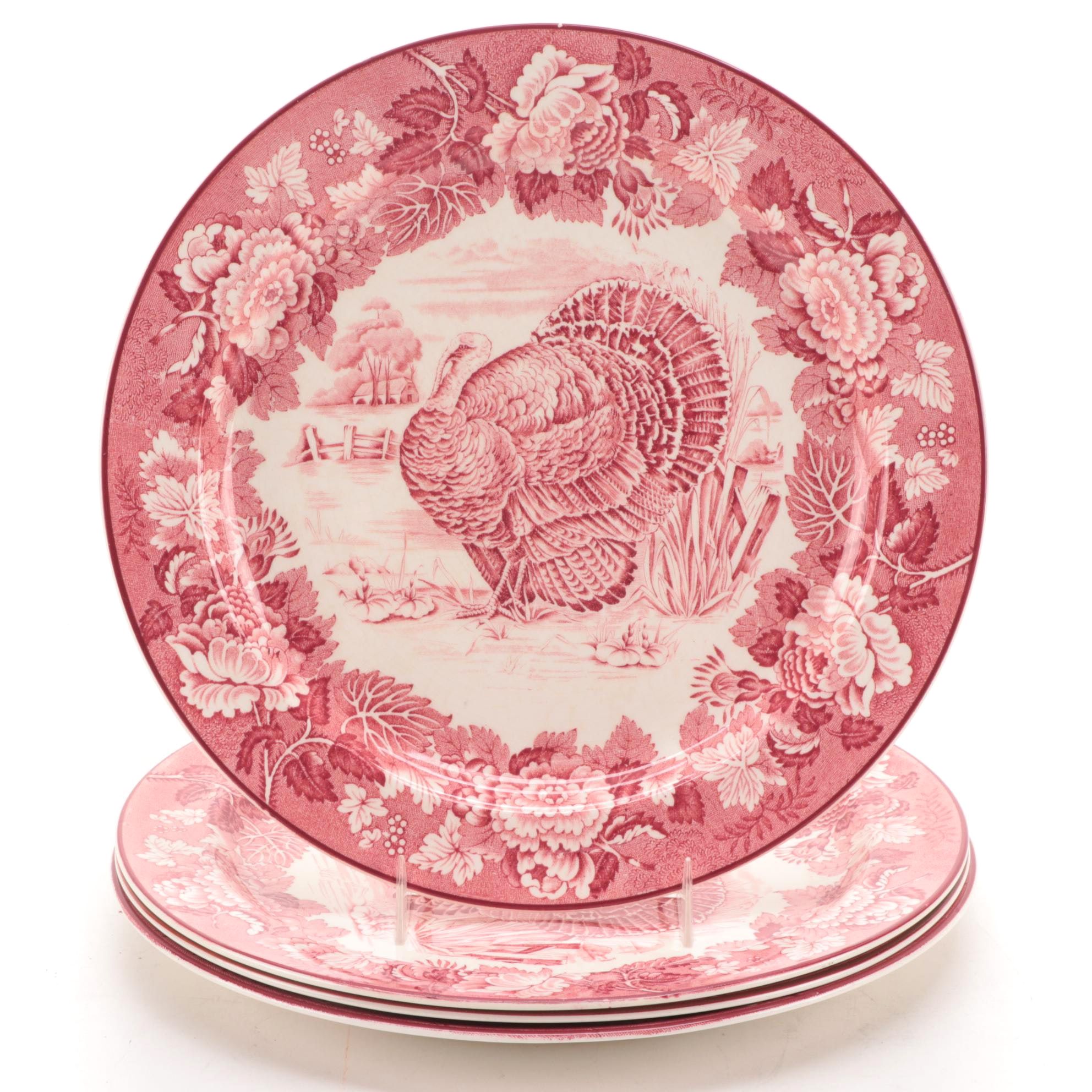 Wood & Sons Pink "Turkey" Transferware Dinner Plates