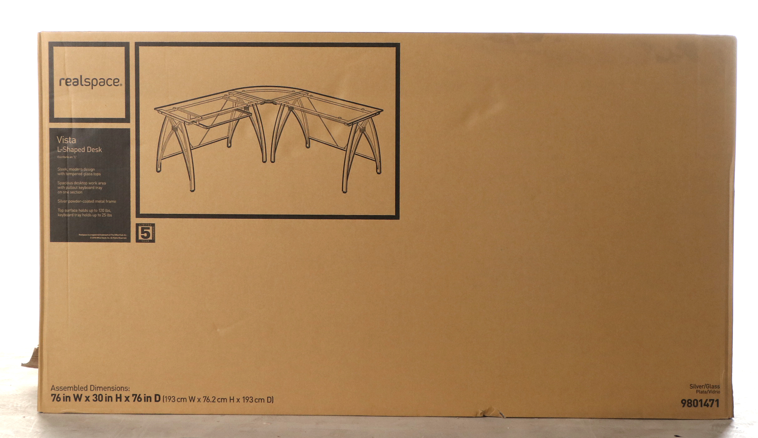 Realspace "Vista" Modern Silver Finished L-Shaped Desk with Glass Top