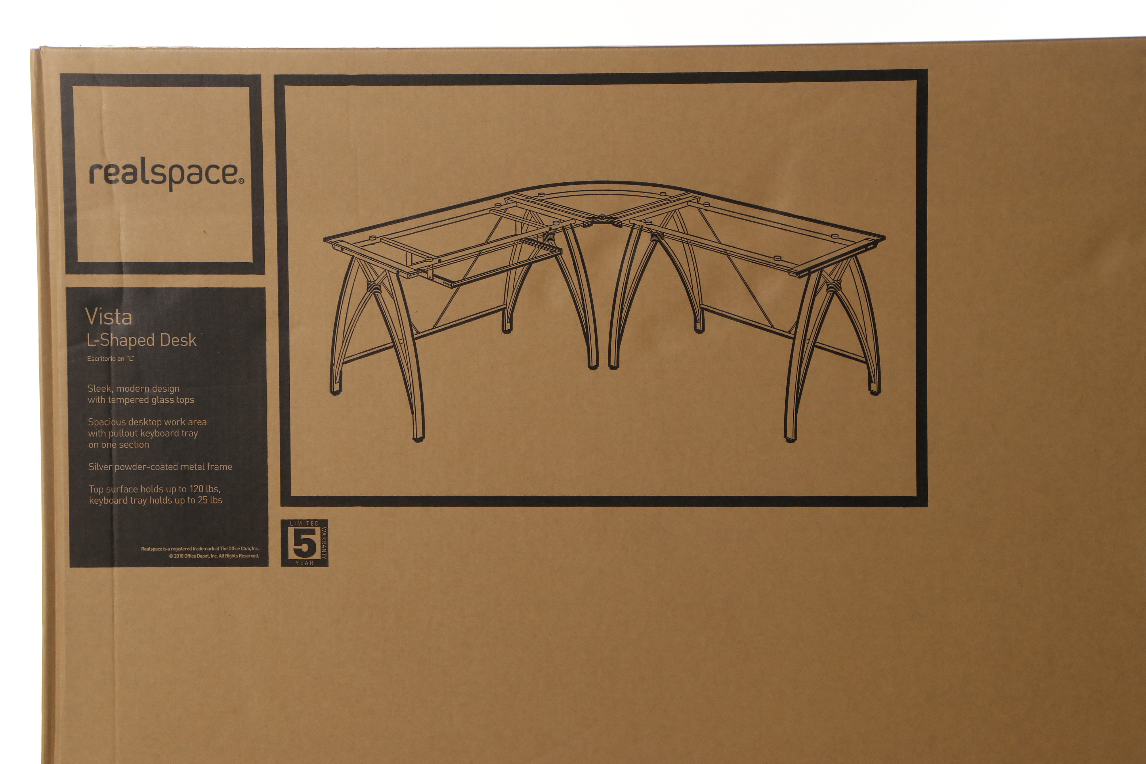 Realspace "Vista" Modern Silver Finished L-Shaped Desk with Glass Top