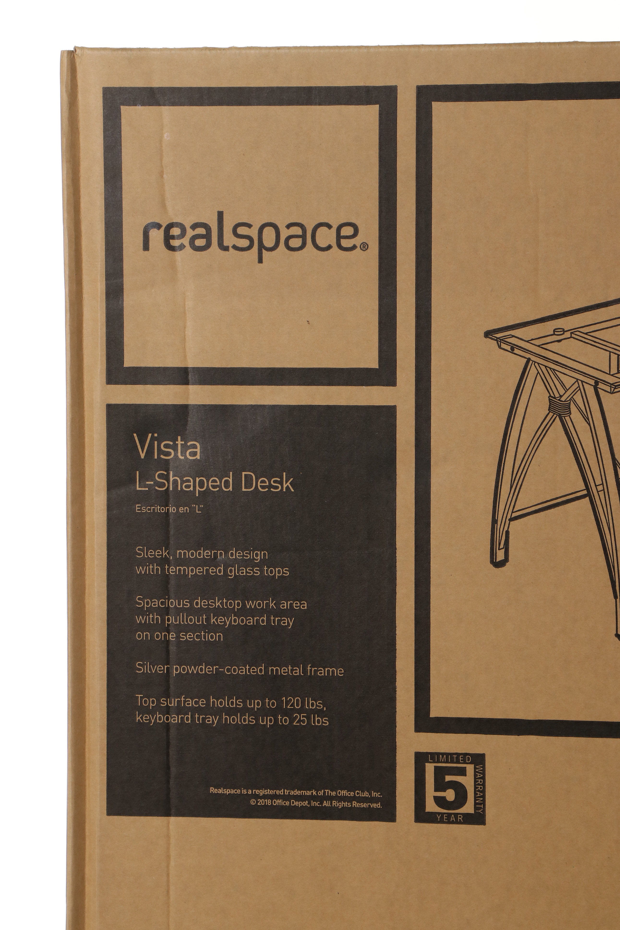 Realspace "Vista" Modern Silver Finished L-Shaped Desk with Glass Top