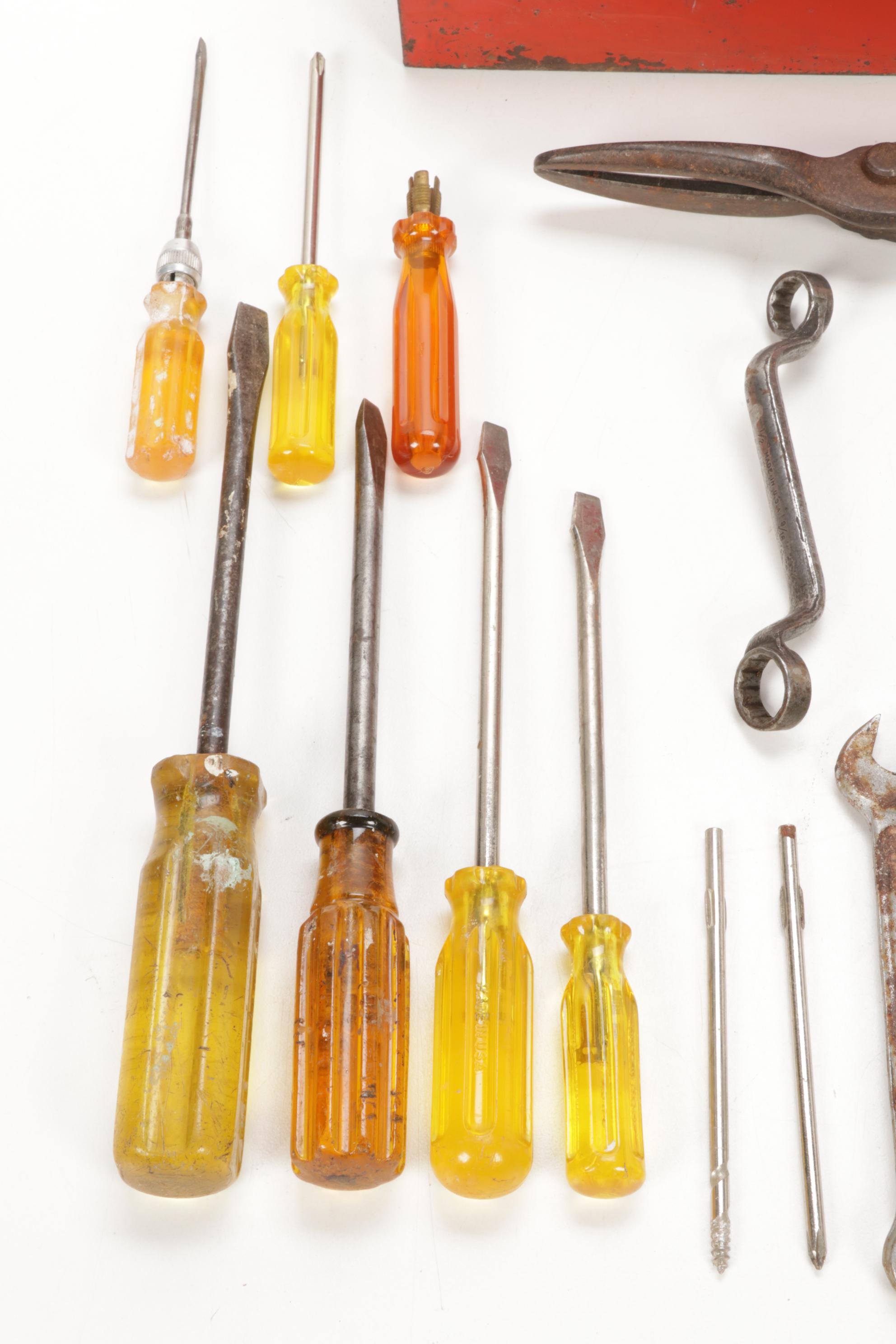 Forged Steel and Wooden Tools in Enamel Machinist Tool Box, Vintage